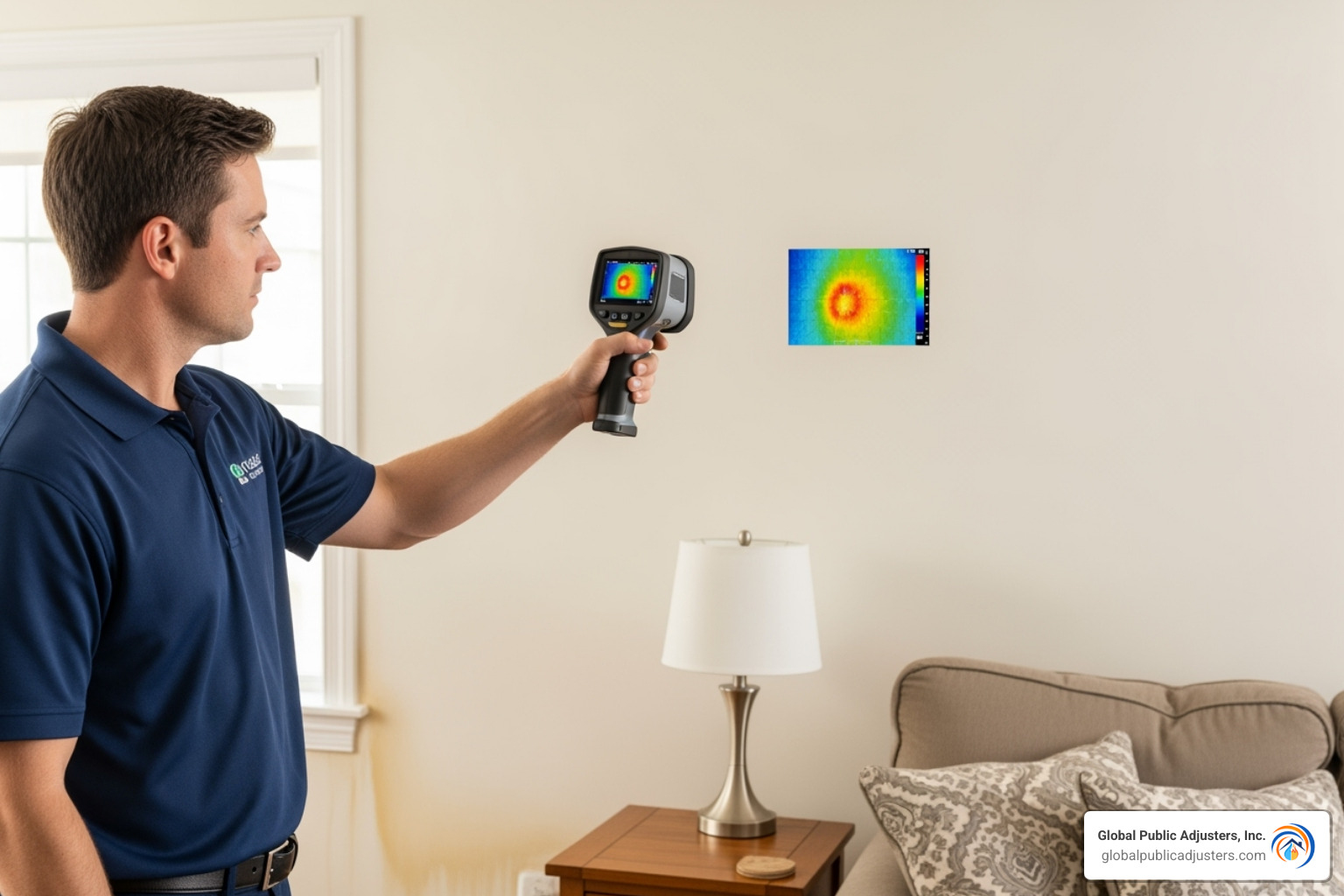 technician using an infrared camera to detect moisture in a wall - water damage contractor