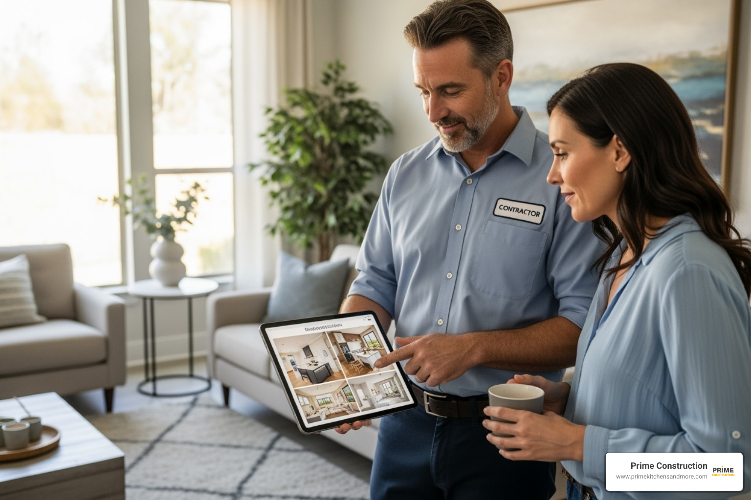 contractor showing a portfolio on a tablet to a homeowner - home remodeling contractor