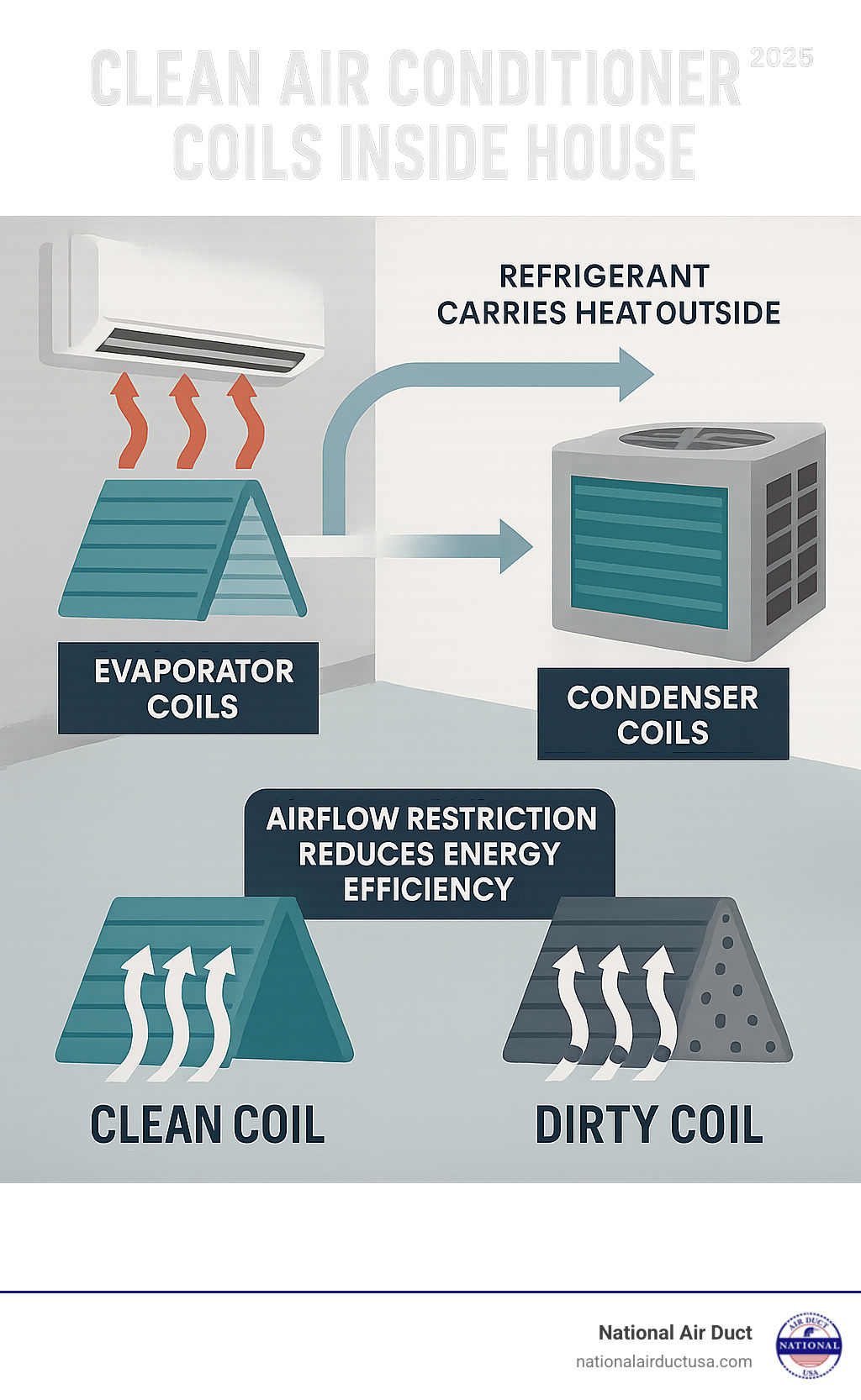 Infographic showing the air conditioning cycle with evaporator coils absorbing indoor heat and humidity, refrigerant carrying heat outside to condenser coils, and clean vs dirty coil comparison showing airflow restriction and energy efficiency impacts - clean air conditioner coils inside house infographic 
