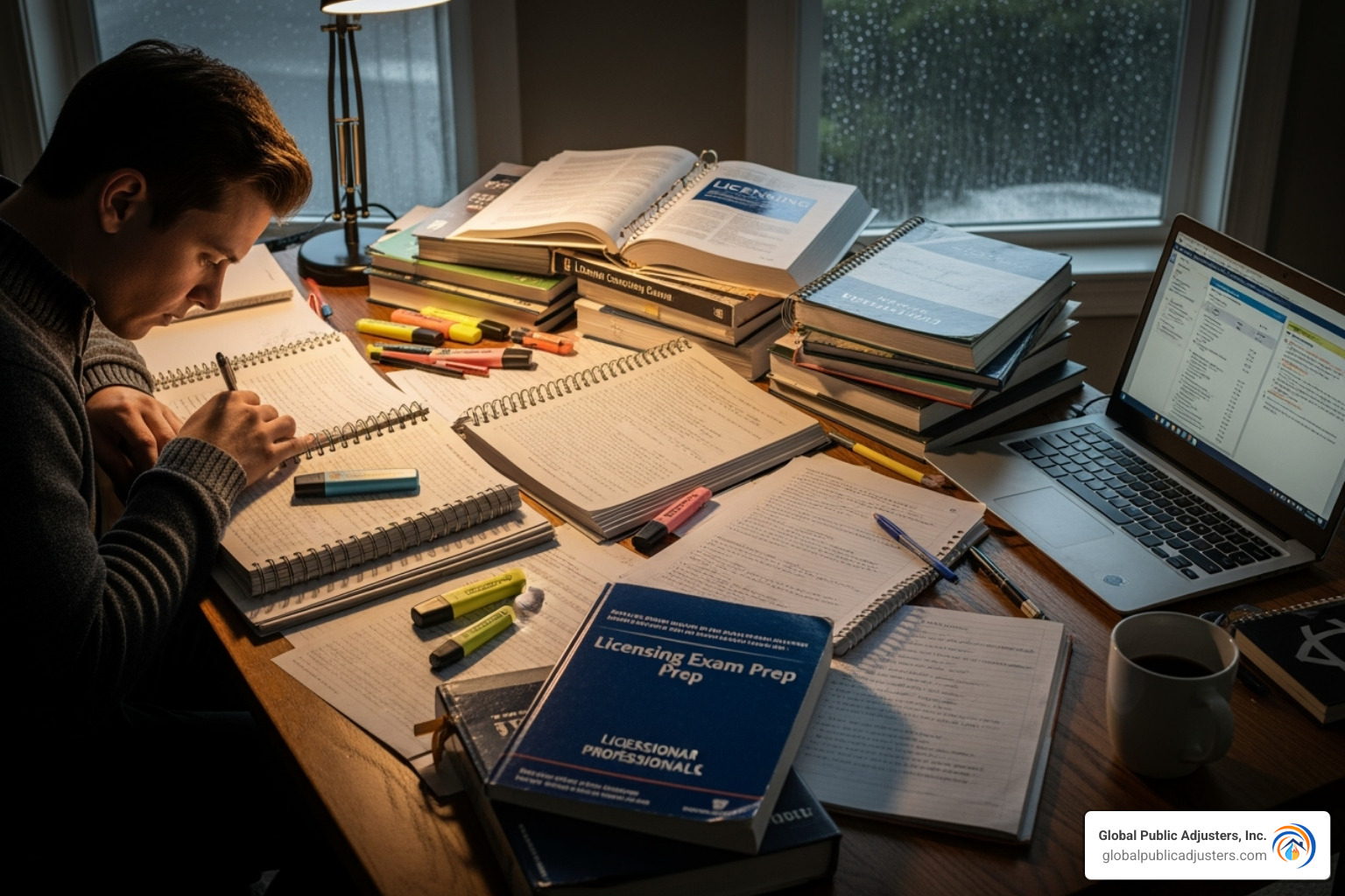 A person studies for a licensing exam, with books and notes spread on a desk - claim adjusters
