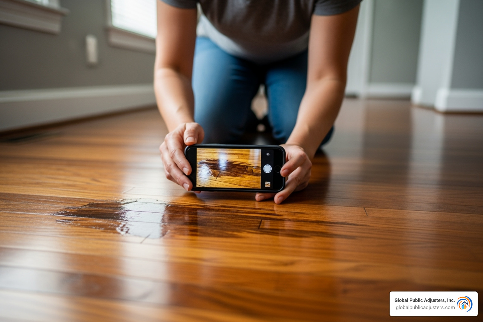 A homeowner takes photos of water damage on their floor - claim adjusters