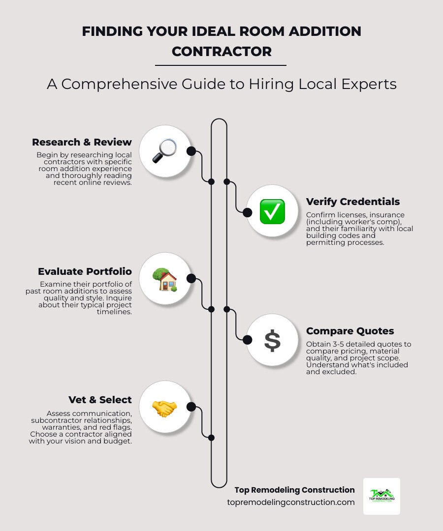 Comprehensive infographic showing the step-by-step process of finding local room addition contractors, including research methods, vetting criteria, cost considerations, timeline expectations, and red flags to avoid when hiring - room additions near me infographic infographic-line-5-steps-neat_beige Comprehensive infographic showing the step-by-step process of finding local room addition contractors, including research methods, vetting criteria, cost considerations, timeline expectations, and red flags to avoid when hiring - room additions near me infographic infographic-line-5-steps-neat_beige