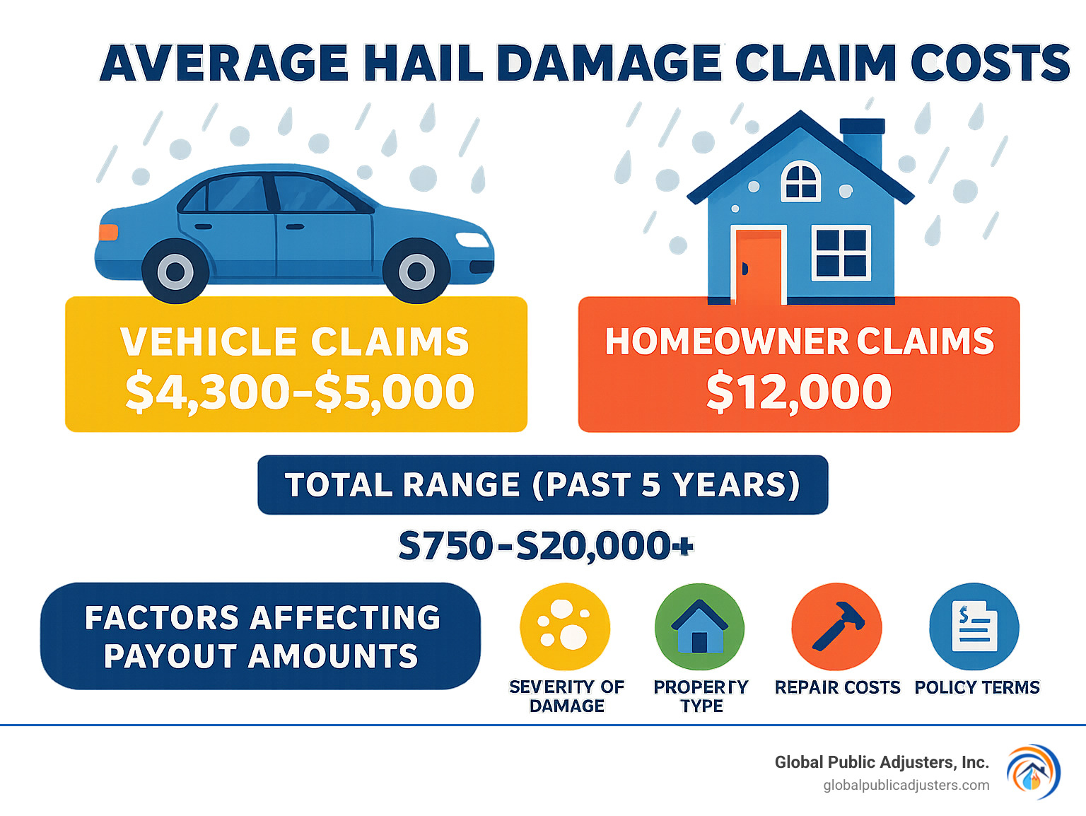 Infographic showing average hail damage claim costs by property type over the past 5 years, with vehicle claims ranging from $4,300-$5,000 and homeowner claims averaging $12,000, plus factors affecting payout amounts - how much is the average hail damage claim infographic 
