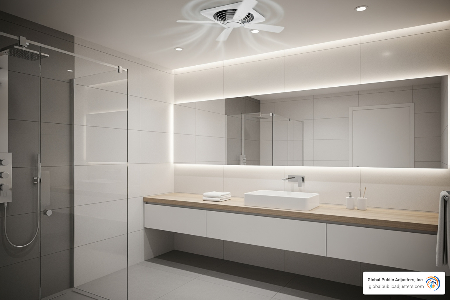 Properly ventilated bathroom with a running fan - mold damage public adjuster