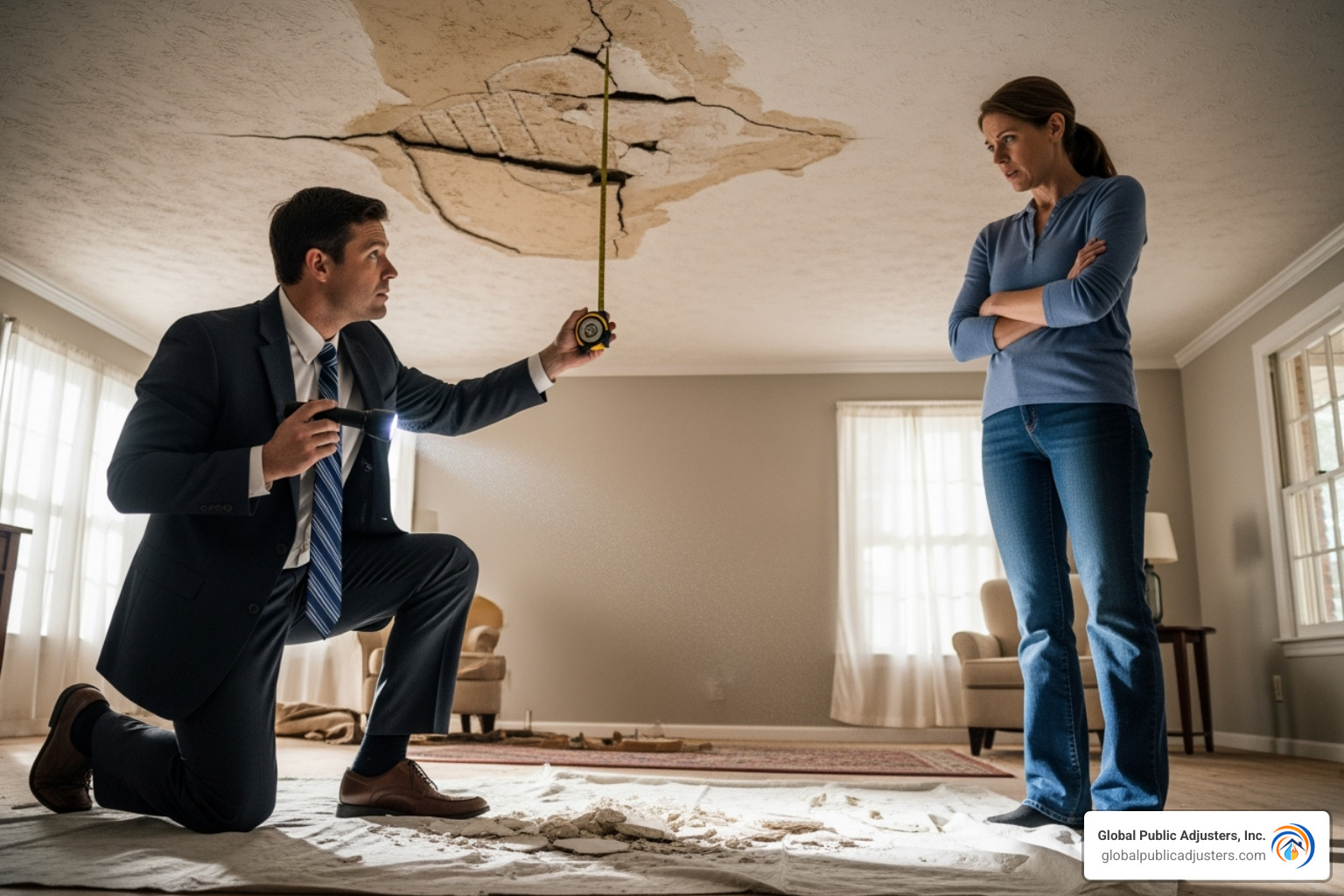 Public adjuster inspecting a damaged area with a client - mold damage public adjuster