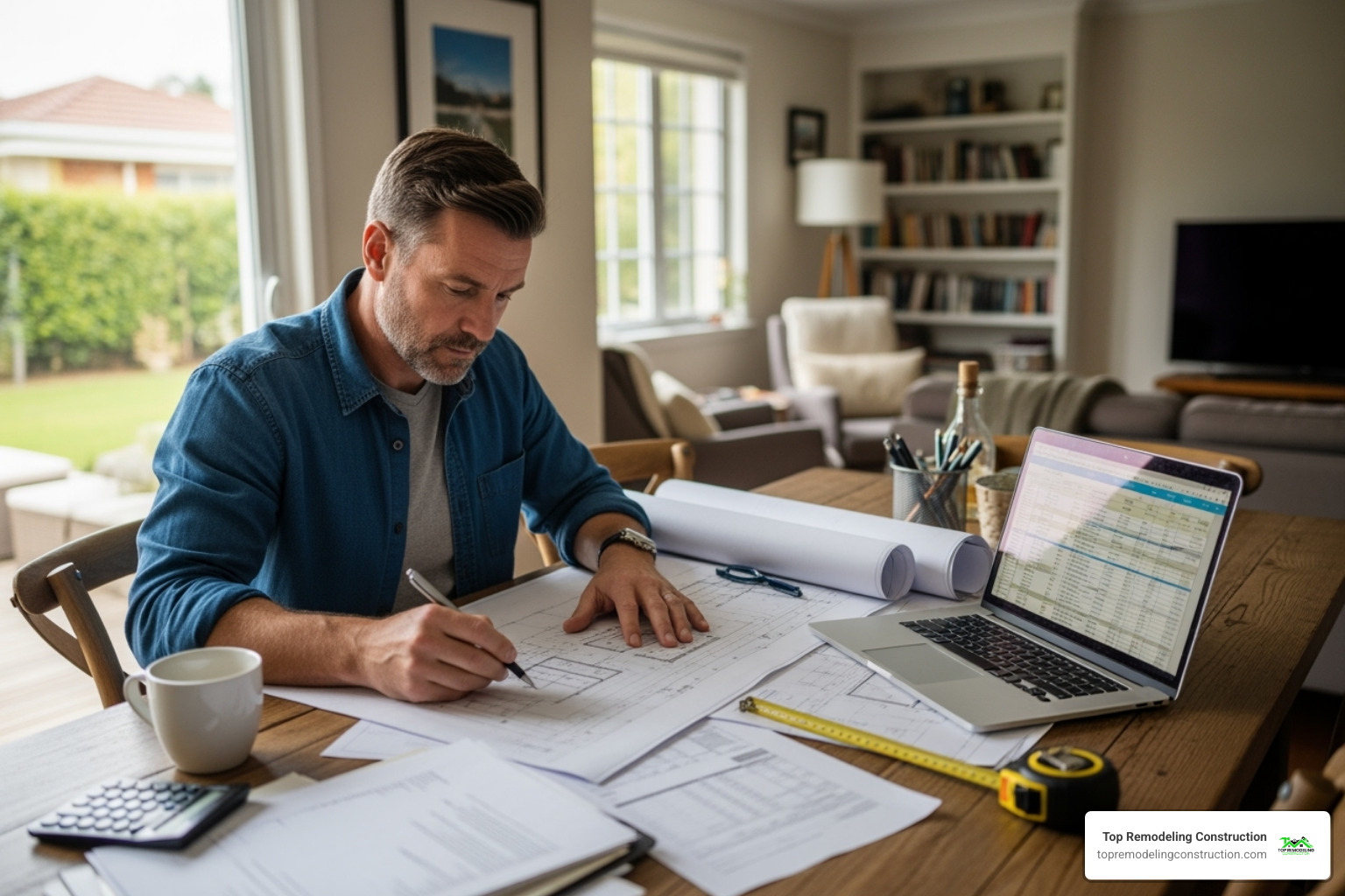 homeowner reviewing blueprints and budget spreadsheet - room additions near me homeowner reviewing blueprints and budget spreadsheet - room additions near me
