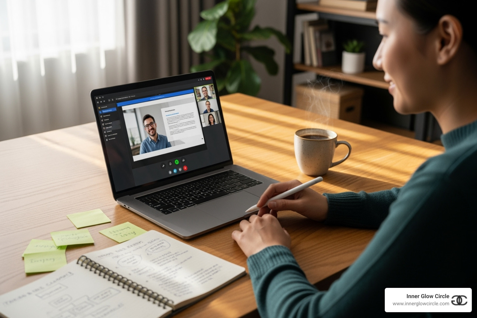 A person participating in a virtual training class on a laptop, with notes and a coffee cup nearby - recovery coach scholarship A person participating in a virtual training class on a laptop, with notes and a coffee cup nearby - recovery coach scholarship