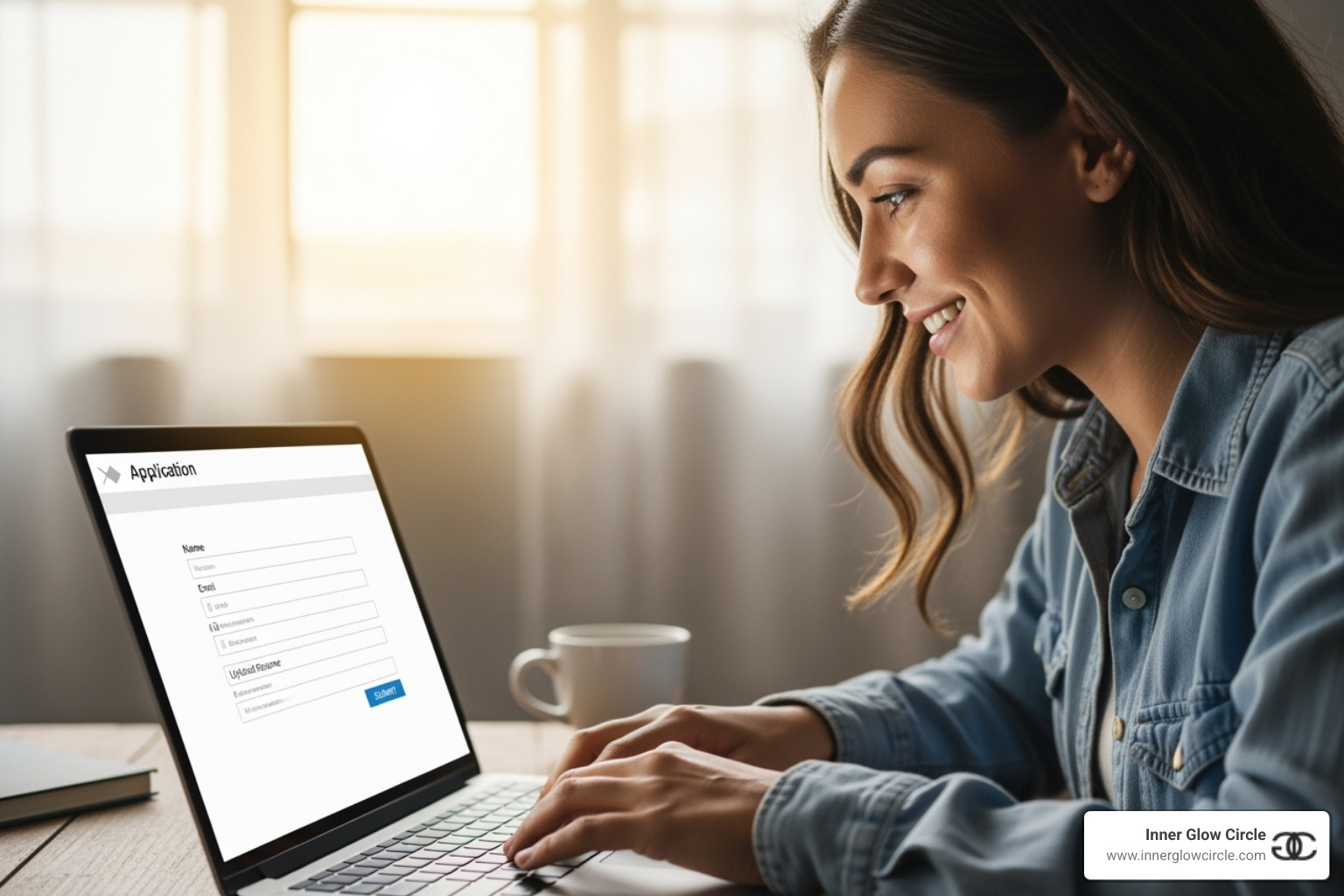 A person smiling while filling out an online application form, symbolizing hope and opportunity - recovery coach scholarship A person smiling while filling out an online application form, symbolizing hope and opportunity - recovery coach scholarship