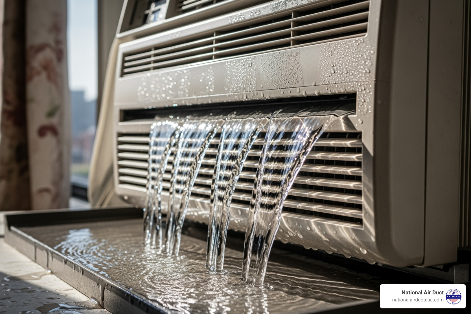 image of a full and overflowing AC drain pan - how to clean window ac drain line