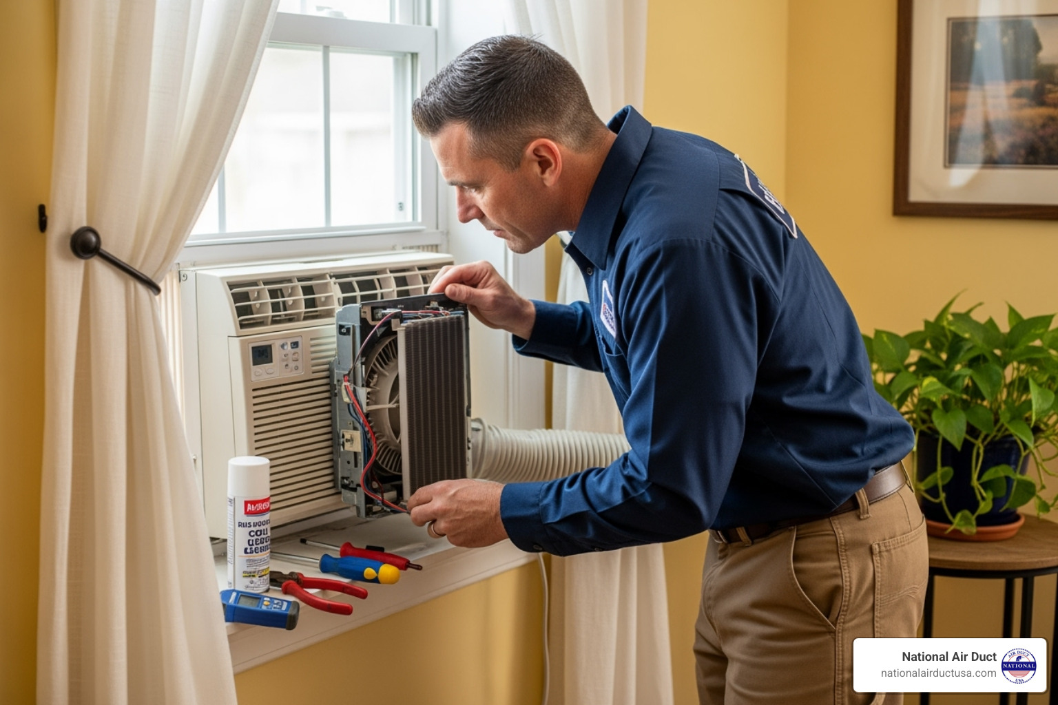 image of an HVAC technician inspecting an AC unit - how to clean window ac drain line