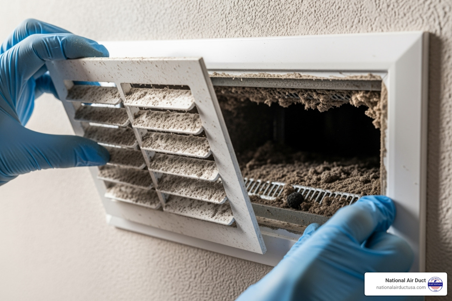 A technician removing a dusty air vent cover, revealing accumulated debris inside the ductwork - Air duct maintenance