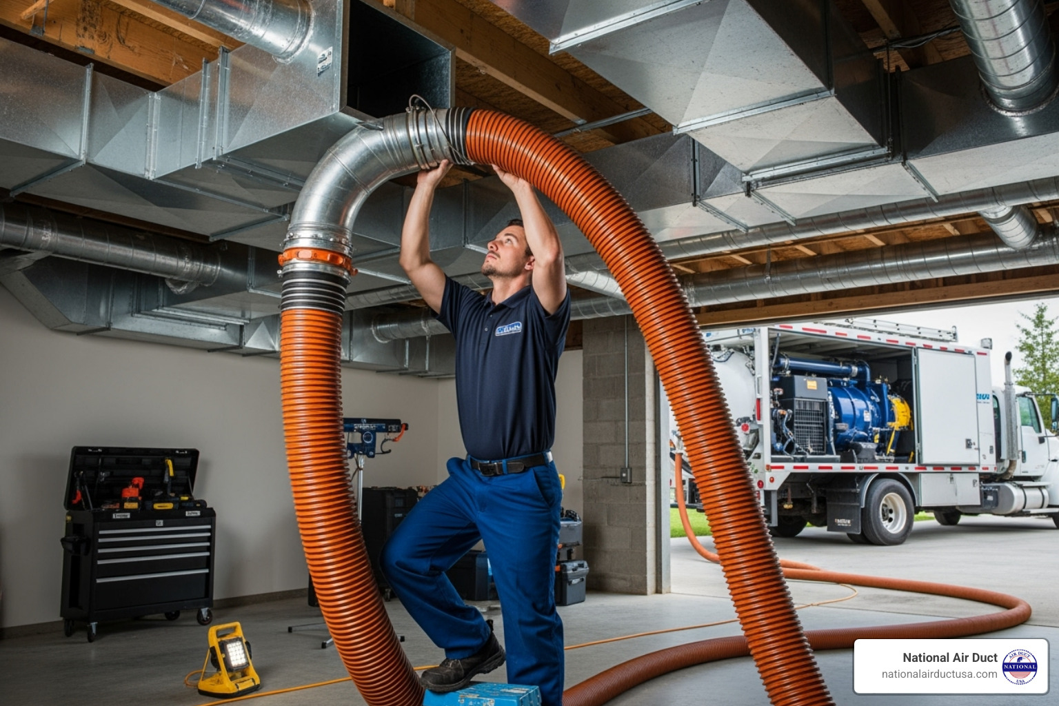 A certified technician connecting a powerful, truck-mounted vacuum hose to a home's main air duct, ready to begin the cleaning process - Air duct maintenance