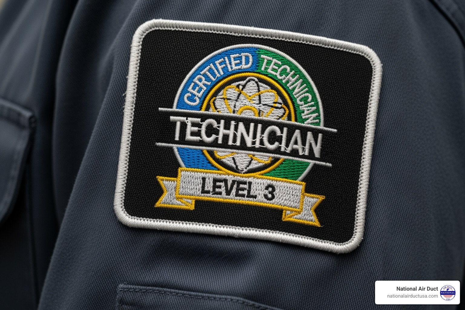A close-up image of a NADCA certified technician's patch on their uniform, emphasizing professionalism and certification - Air duct maintenance
