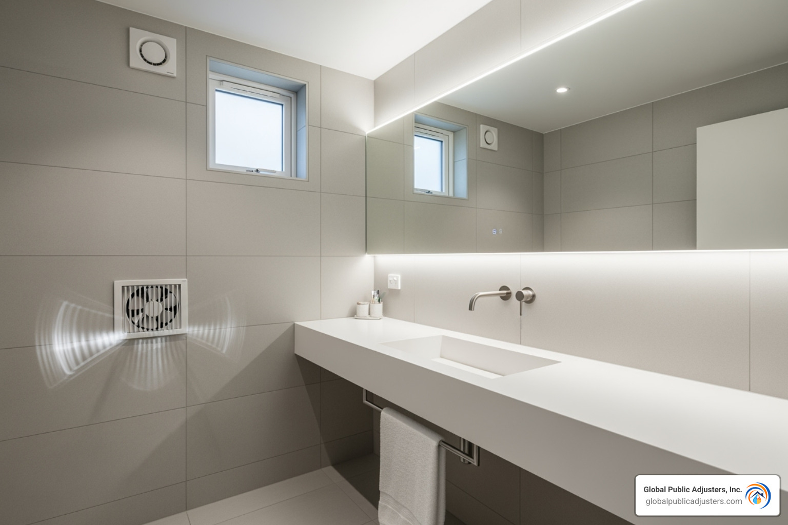clean, well-ventilated bathroom with exhaust fan running - denied mold damage claim