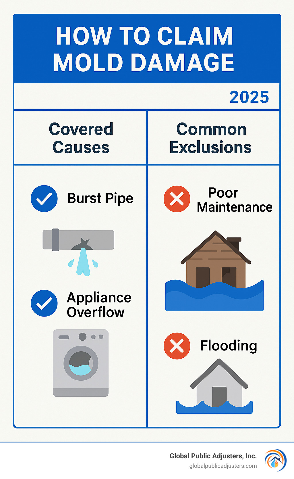 Infographic comparing covered causes of mold (e.g., burst pipe, appliance overflow) vs. common exclusions (e.g., poor maintenance, flooding, gradual leaks), illustrating with checkmarks and X's - how to claim mold damage infographic 