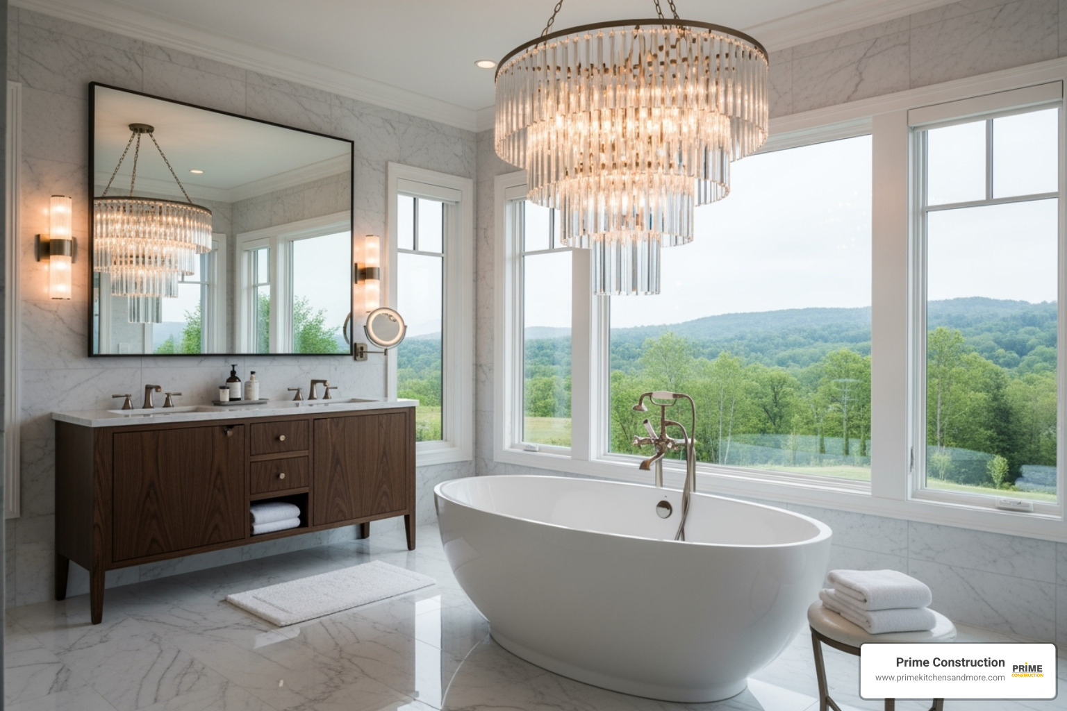 A bathroom with a stunning statement pendant light hanging gracefully over a freestanding bathtub, serving as a luxurious focal point - Bathroom lighting design ideas