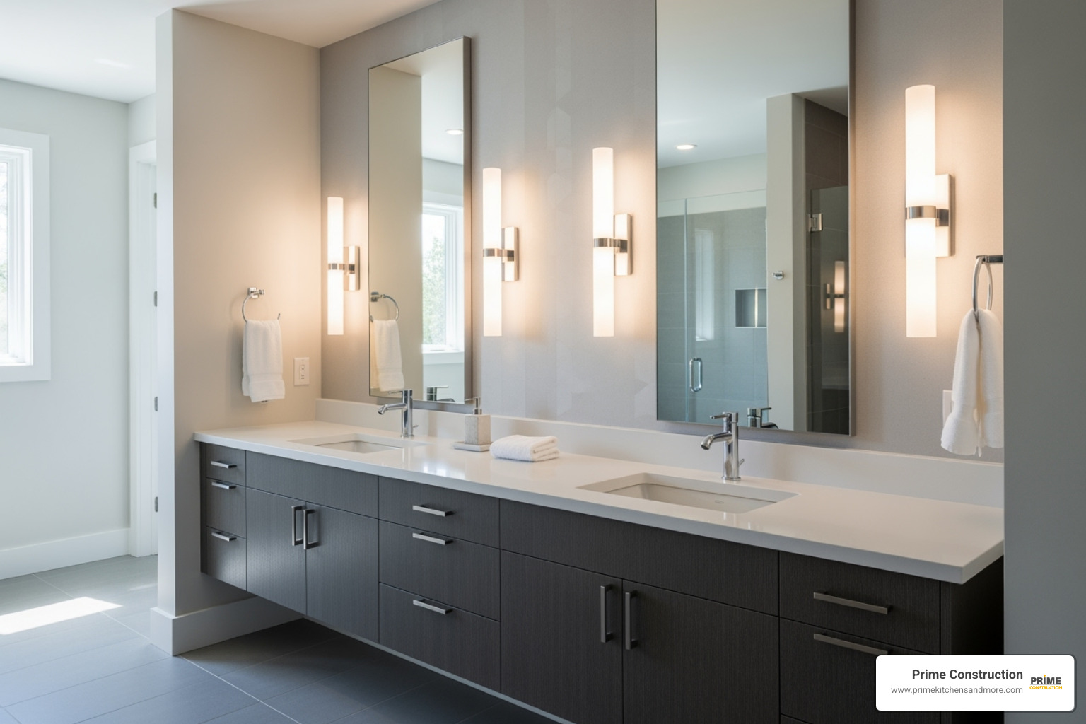 A well-lit double vanity featuring vertical sconces flanking each mirror, providing optimal, shadow-free task lighting - Bathroom lighting design ideas