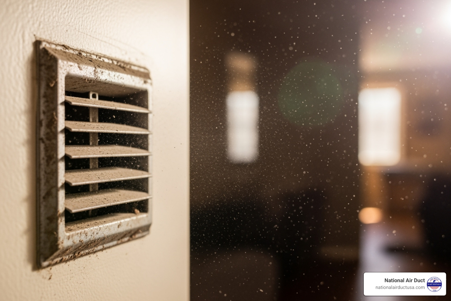 of a dusty air vent register with dust particles visibly blowing out. - AIR Duct Cleaning s Westbury NY 