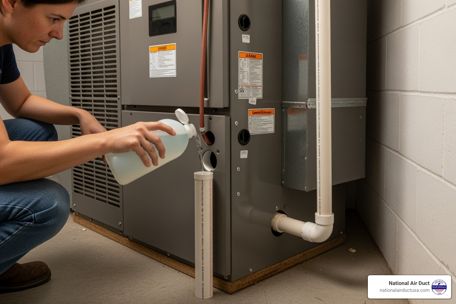 homeowner pouring a cleaning solution into an AC drain line access port - hvac drain cleaner