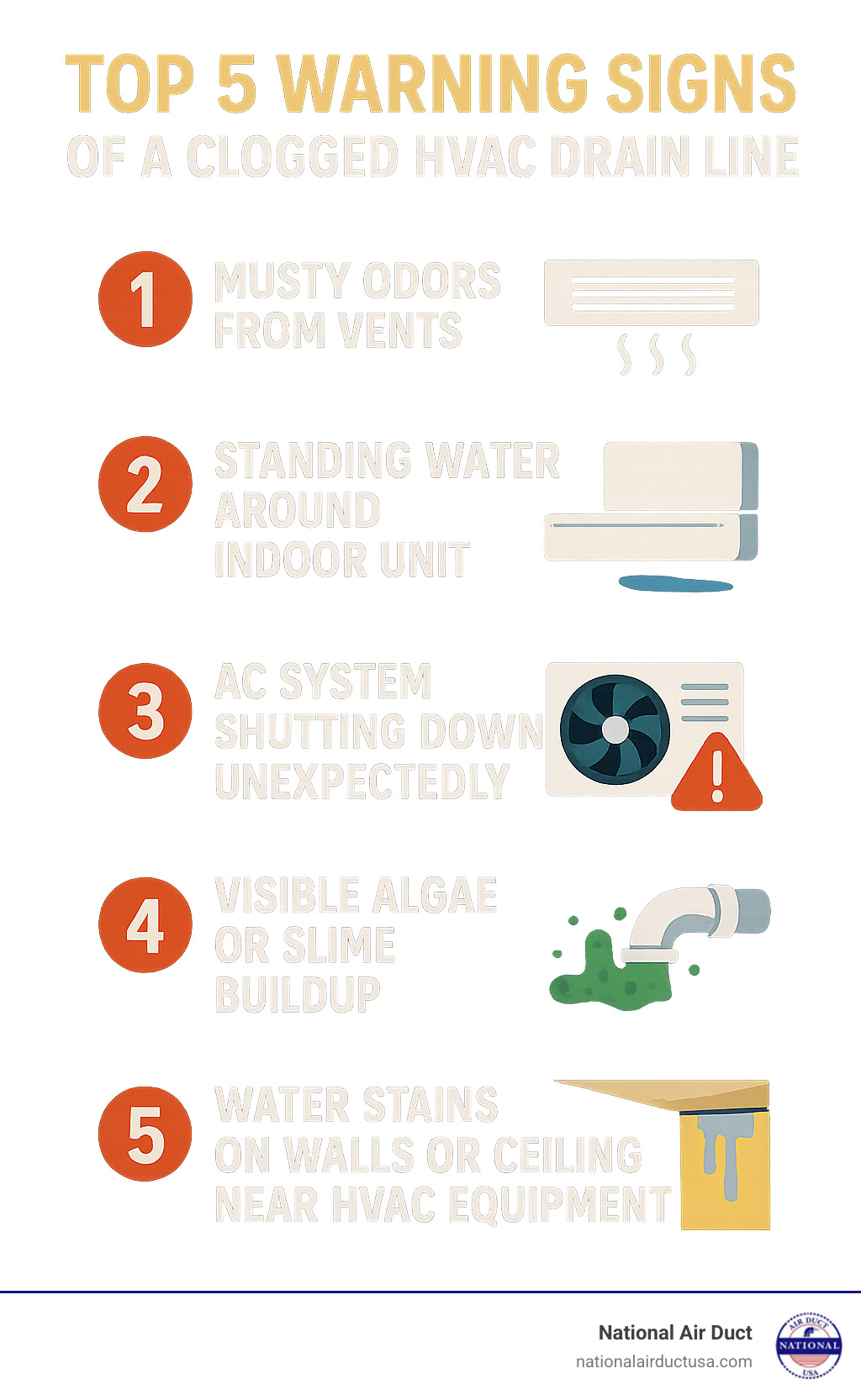 Infographic showing the top 5 warning signs of a clogged HVAC drain line: musty odors from vents, standing water around indoor unit, AC system shutting down unexpectedly, visible algae or slime buildup, and water stains on walls or ceiling near HVAC equipment - hvac drain cleaner infographic 