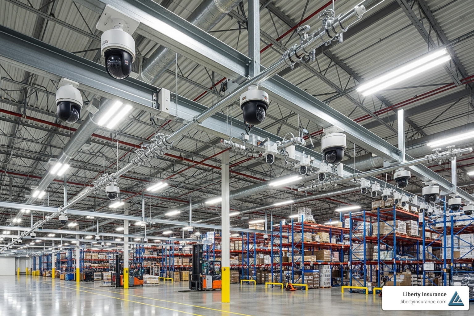 security cameras and a fire suppression system in a warehouse - inventory loss insurance