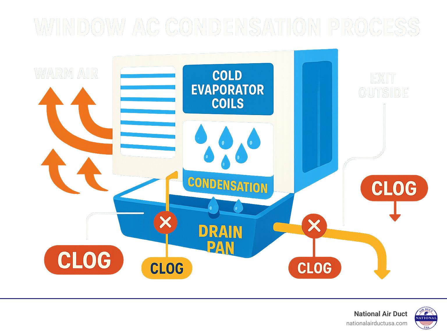 Infographic showing window AC condensation process: warm air enters unit, passes over cold evaporator coils creating condensation, water collects in drain pan, flows through drain line to exit outside, with common clog points highlighted at drain hole and pan - how to clean window ac drain line infographic 