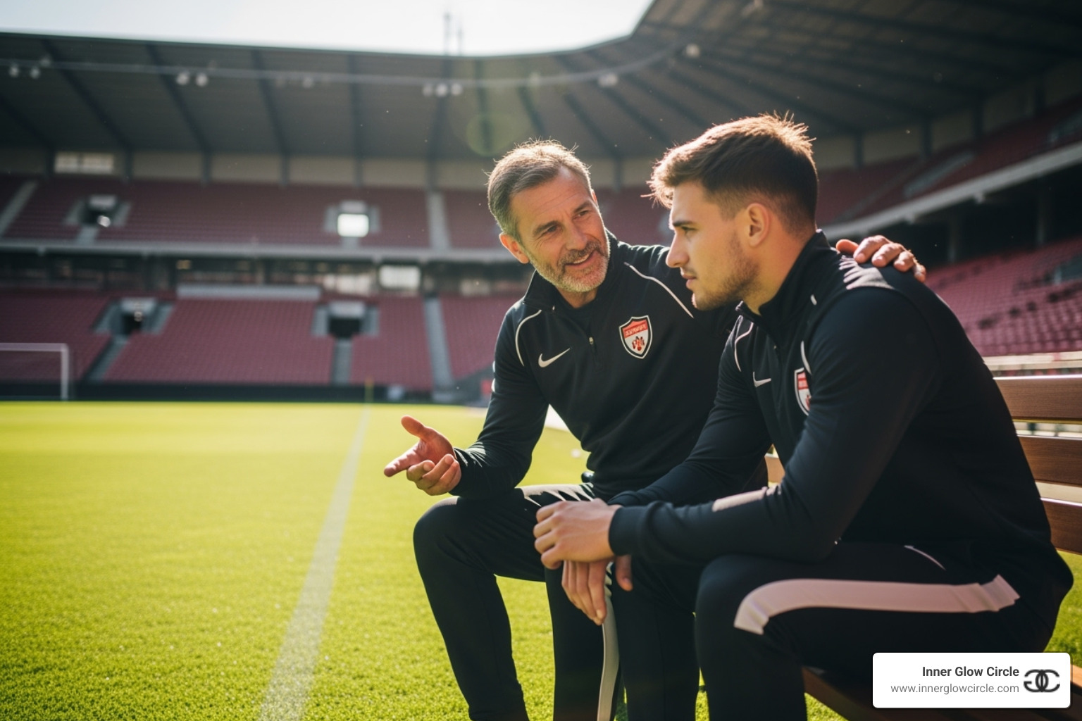 a coach mentoring a younger athlete on a bench - scholarships for future coaches