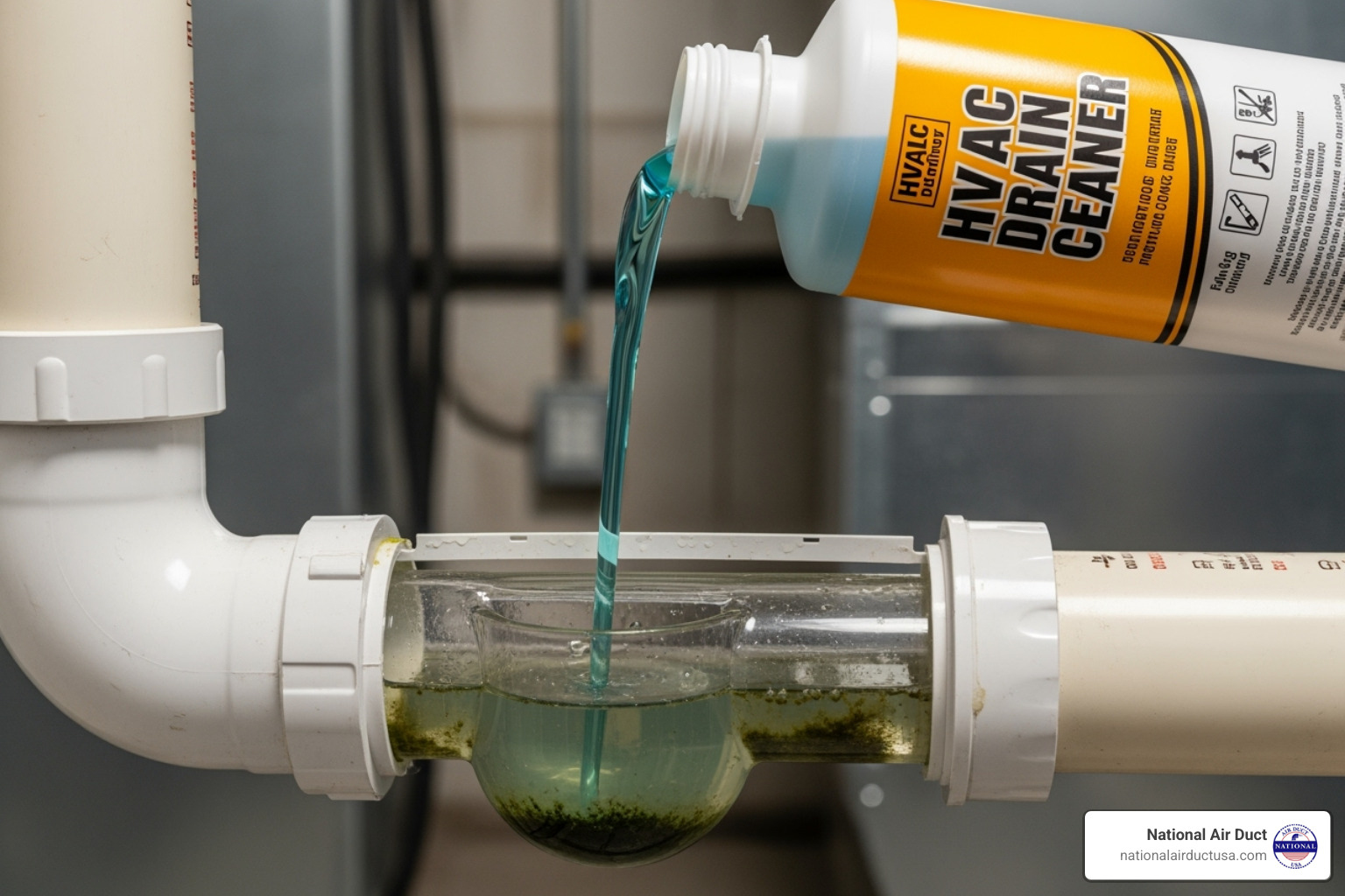 various types of drain cleaning products like a bottle of liquid cleaner, tablets, and a drain brush - hvac drain cleaner