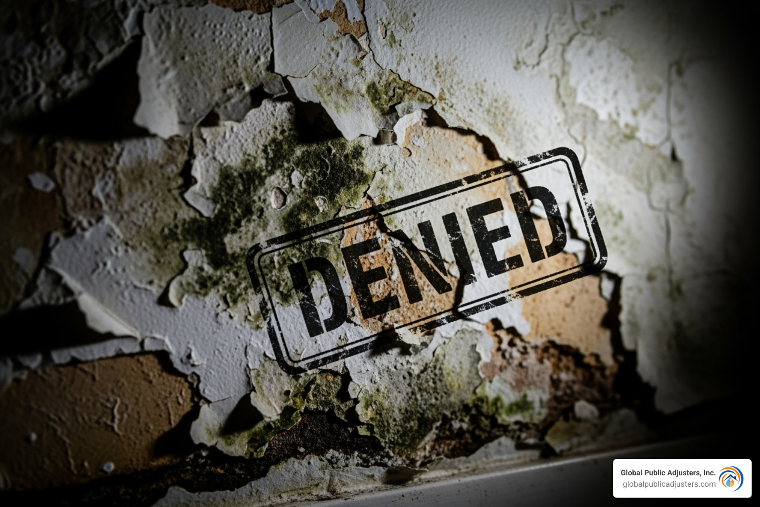 magnifying glass over insurance policy fine print - denied mold damage claim