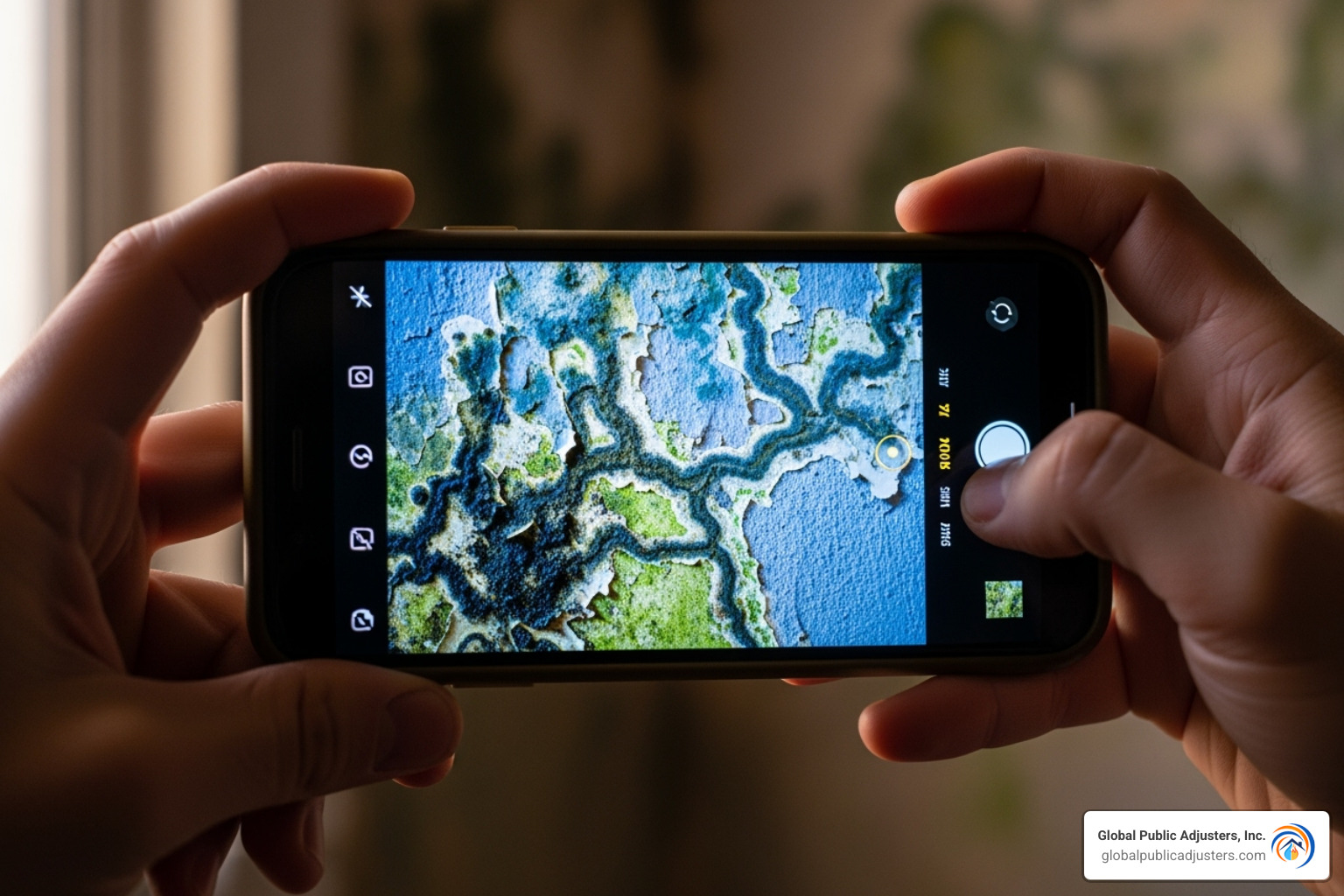 homeowner taking detailed photos of mold on a smartphone - insurance claim for old mold damage