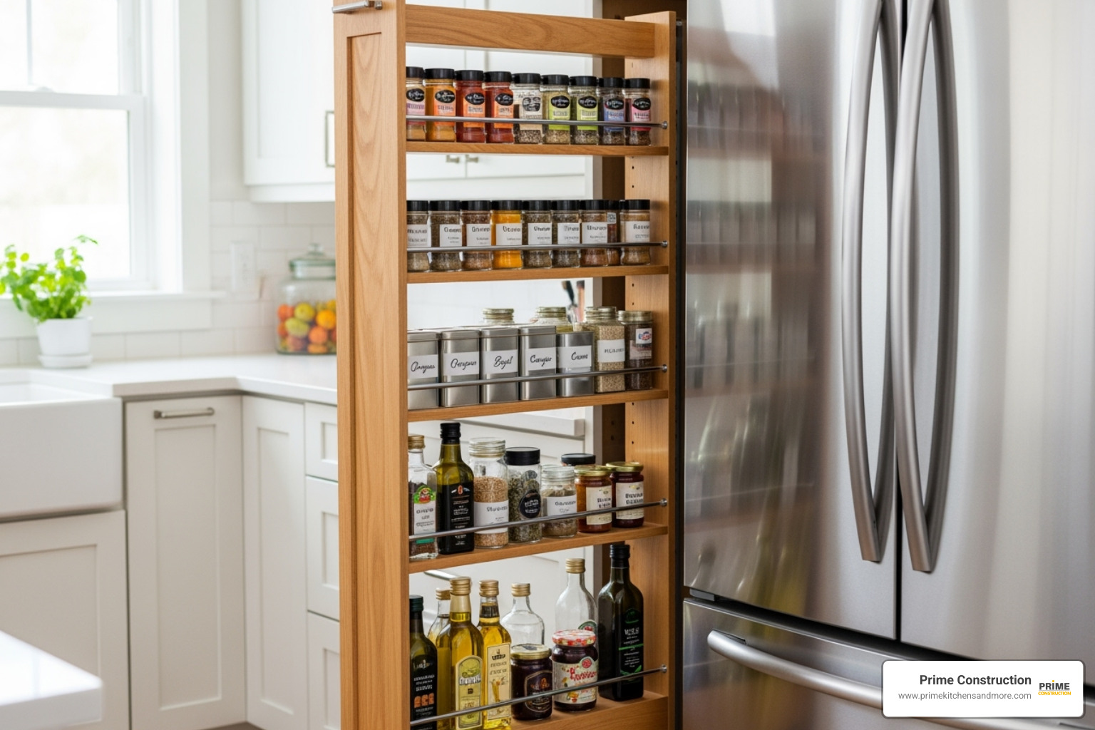 tall, narrow custom pull-out pantry filled with spices and jars - Space-saving kitchen cabinet ideas