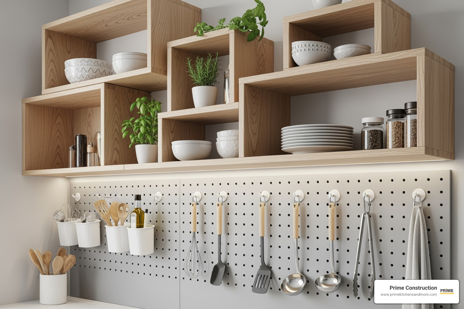 kitchen wall with a mix of custom open shelving and a pegboard organizer - Space-saving kitchen cabinet ideas