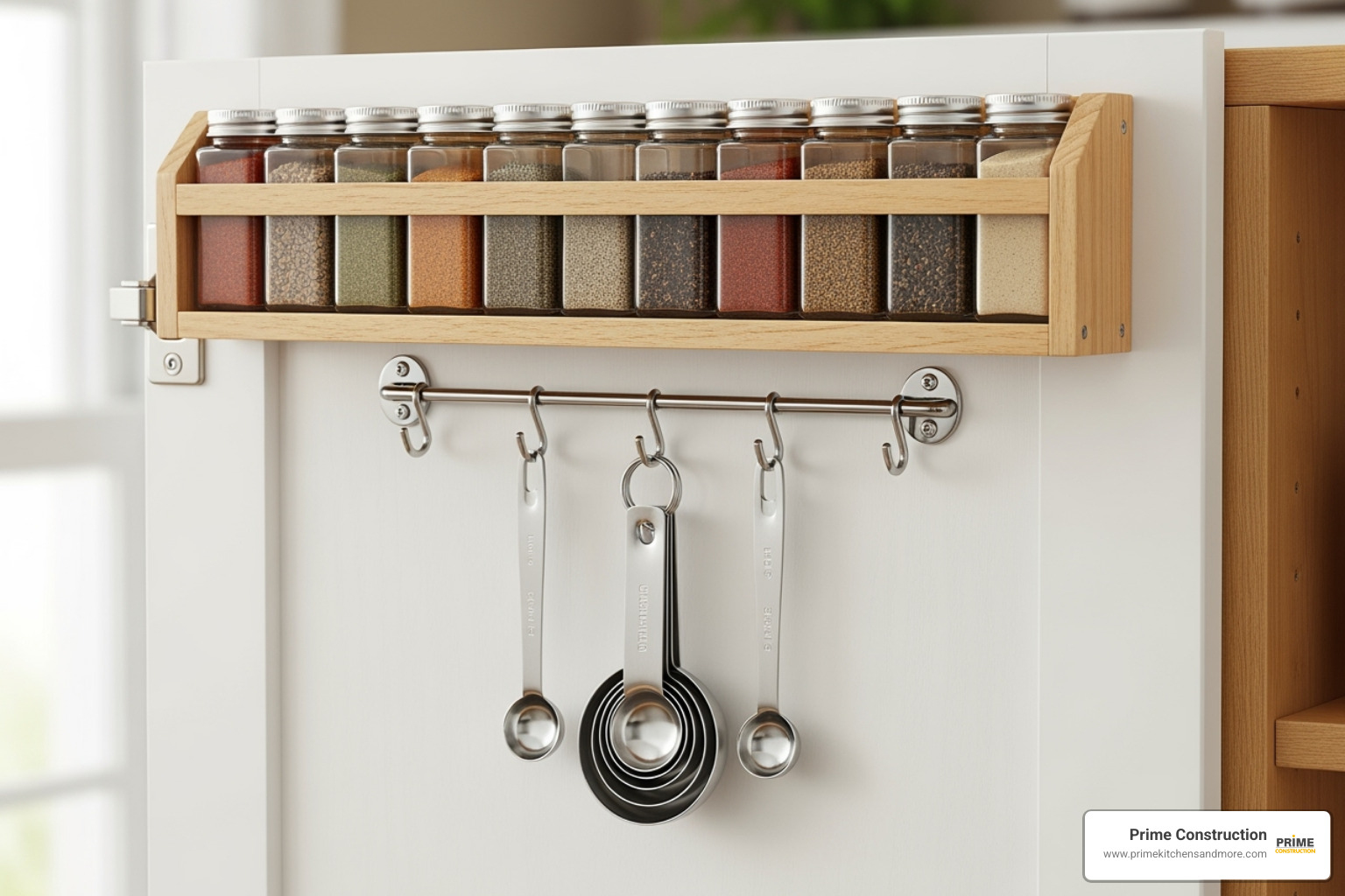 cabinet door with a mounted spice rack and hooks for measuring spoons - Space-saving kitchen cabinet ideas