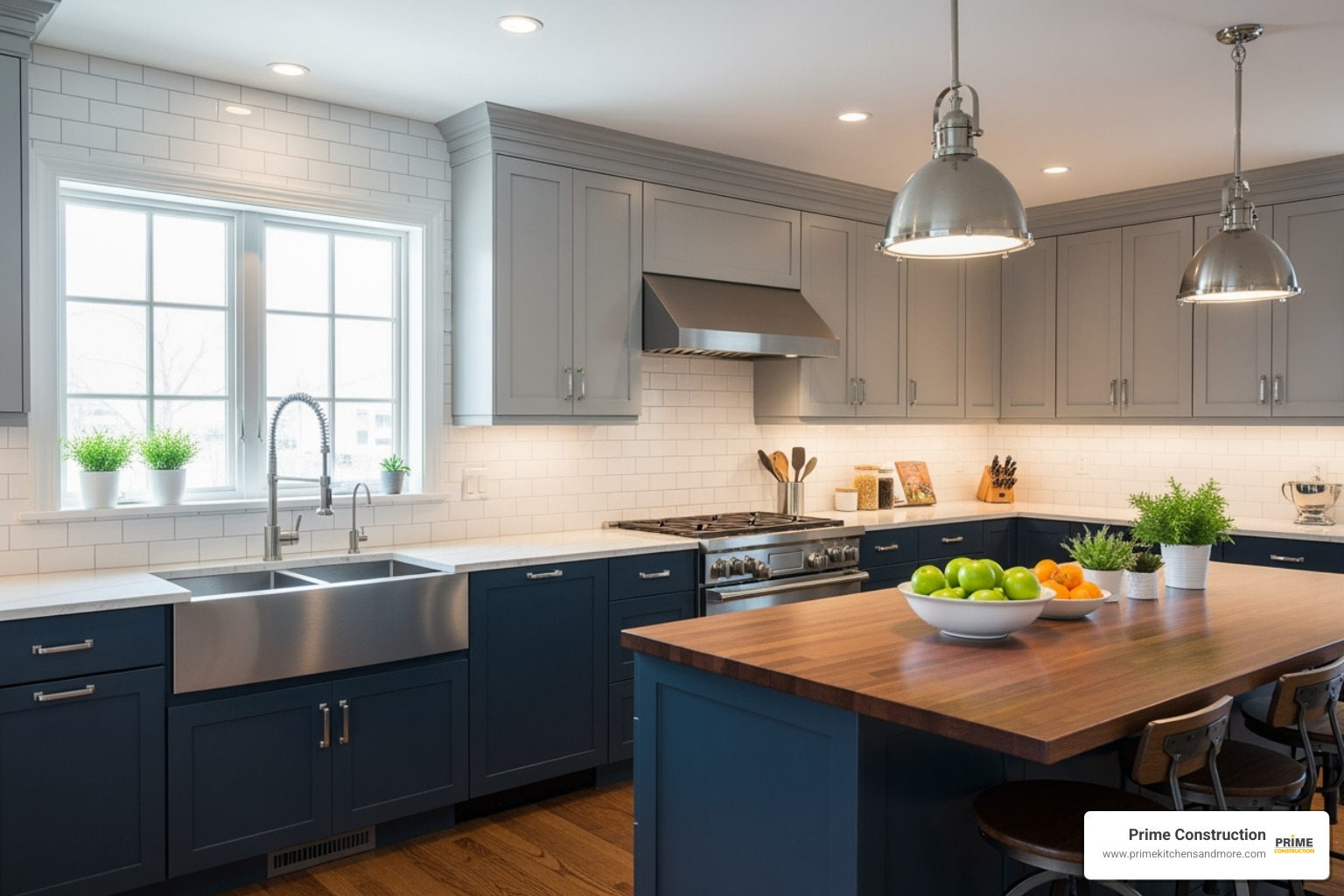 stylish two-tone kitchen featuring navy blue lower cabinets and light grey uppers - Space-saving kitchen cabinet ideas