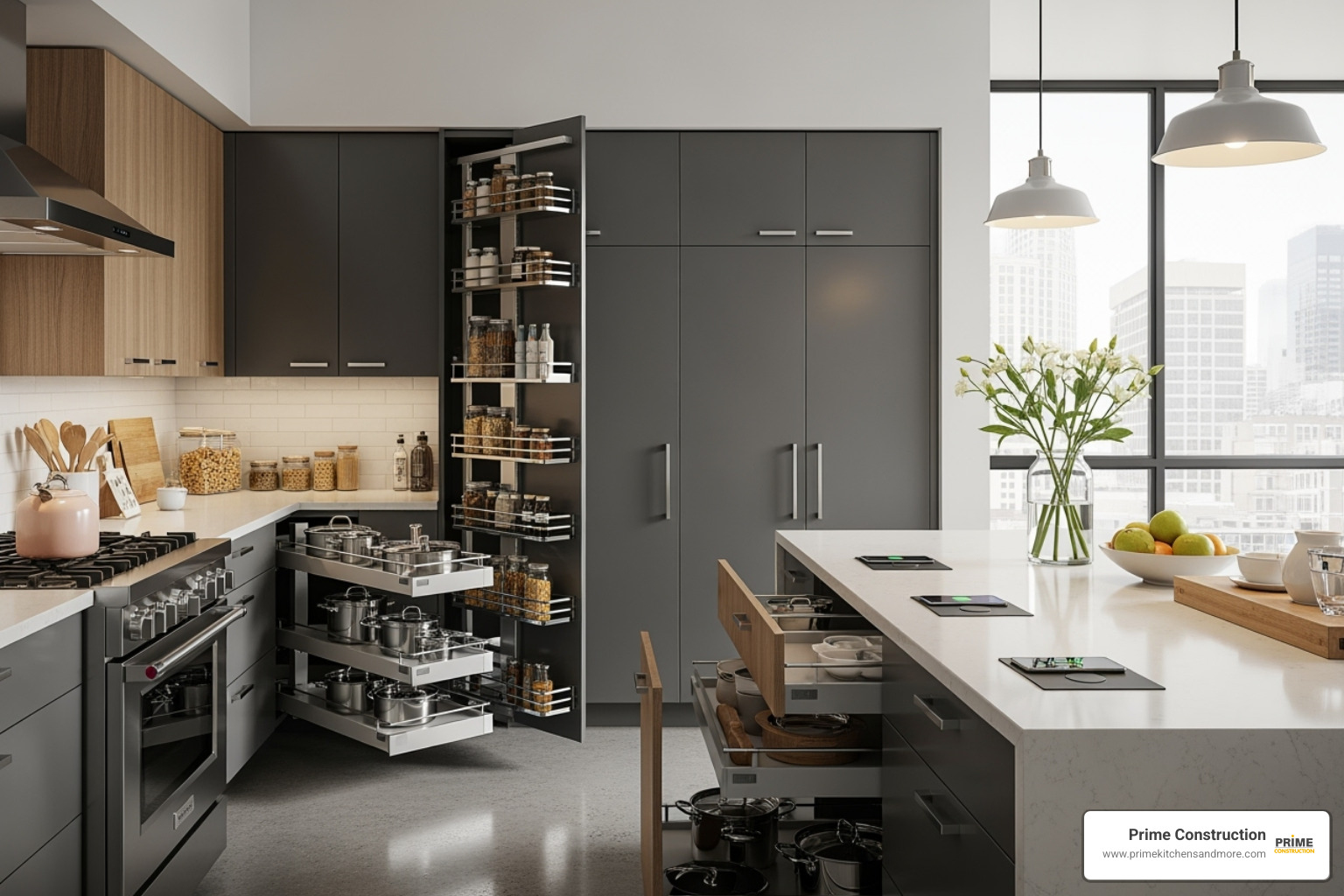 kitchen featuring a mix of smart custom cabinet designs like a built-in pull-out pantry and corner drawers - Space-saving kitchen cabinet ideas