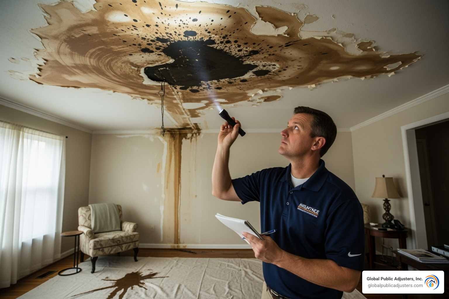 insurance adjuster inspecting a water-stained ceiling - insurance claim for old mold damage
