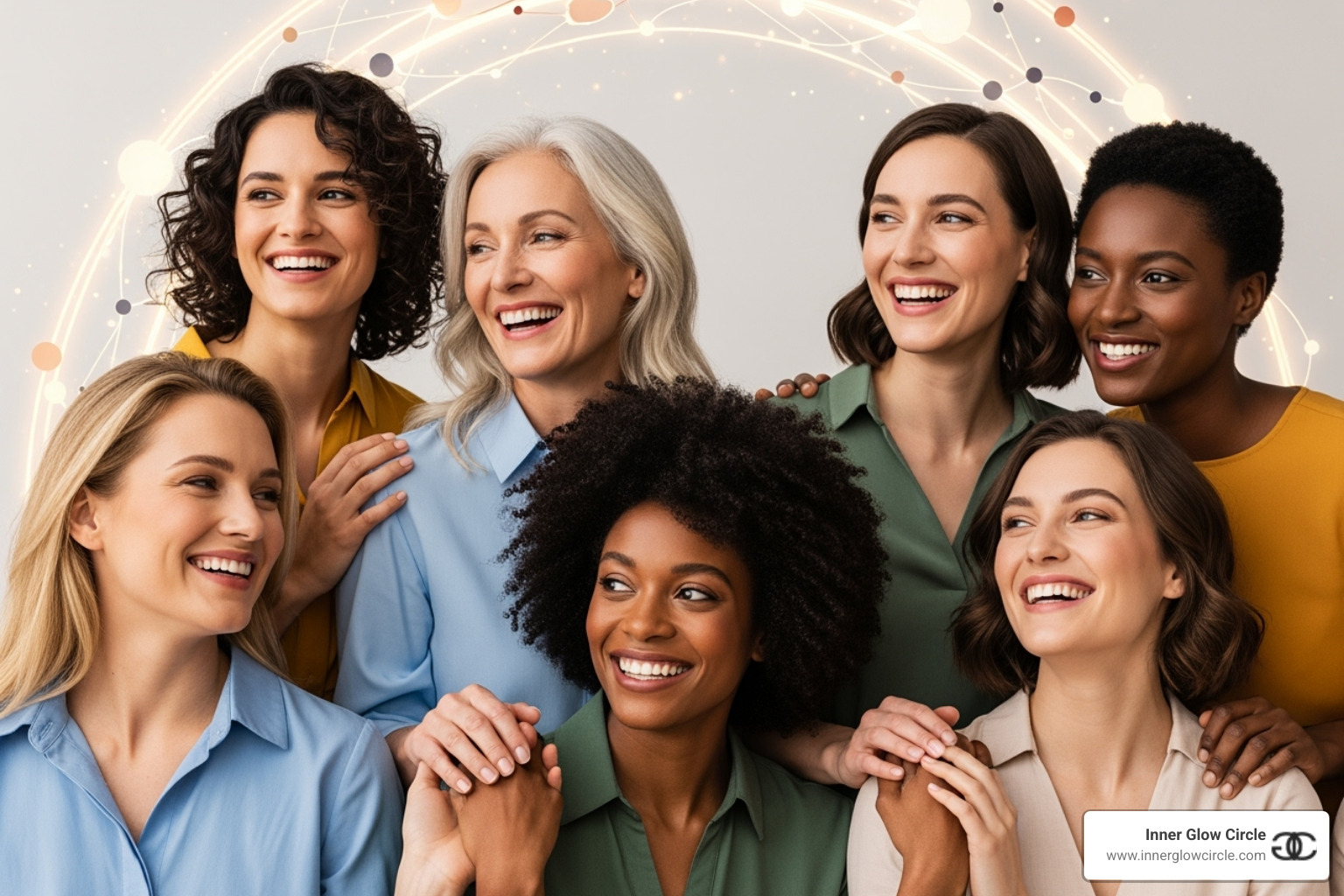 Inner Glow Circle logo with a branded image of empowered women, symbolizing community and change - personal and professional growth coach