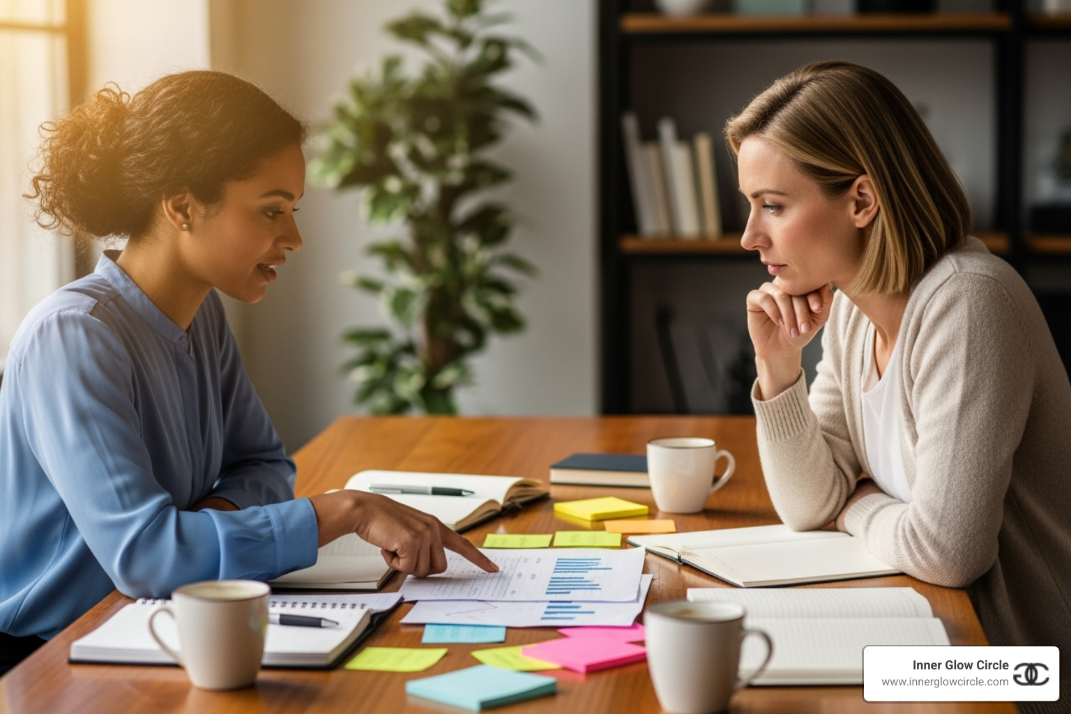 A coaching session with two women collaborating over notes, symbolizing partnership and shared findy - personal and professional growth coach