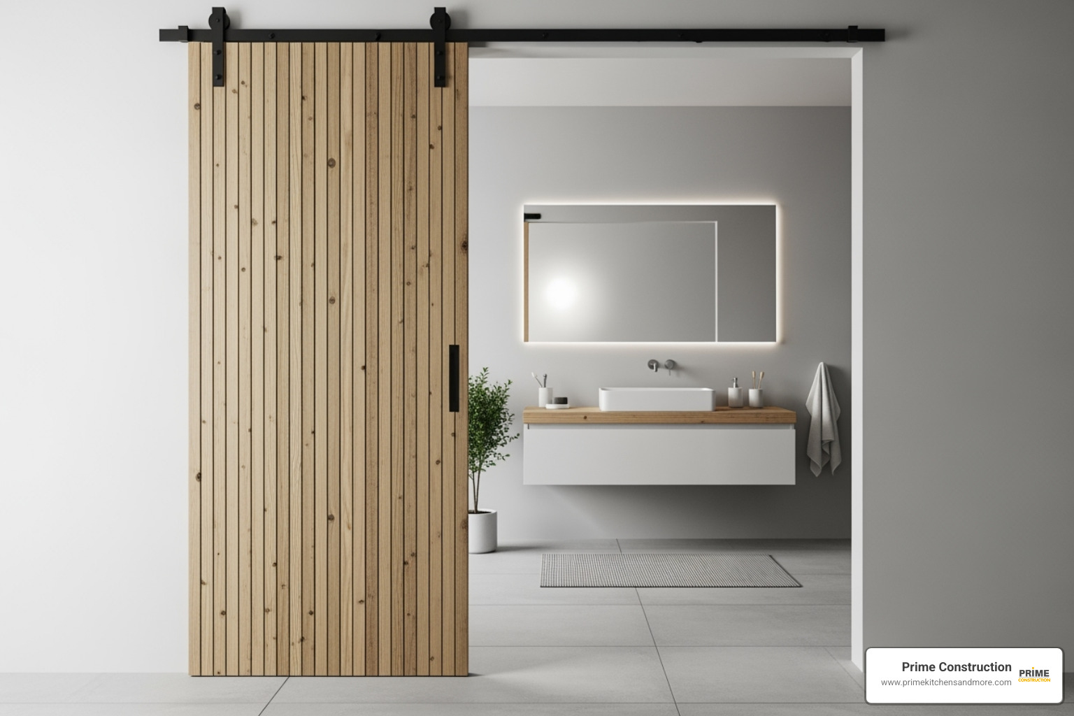minimalist bathroom with a wooden sliding door - sliding door bathroom ideas