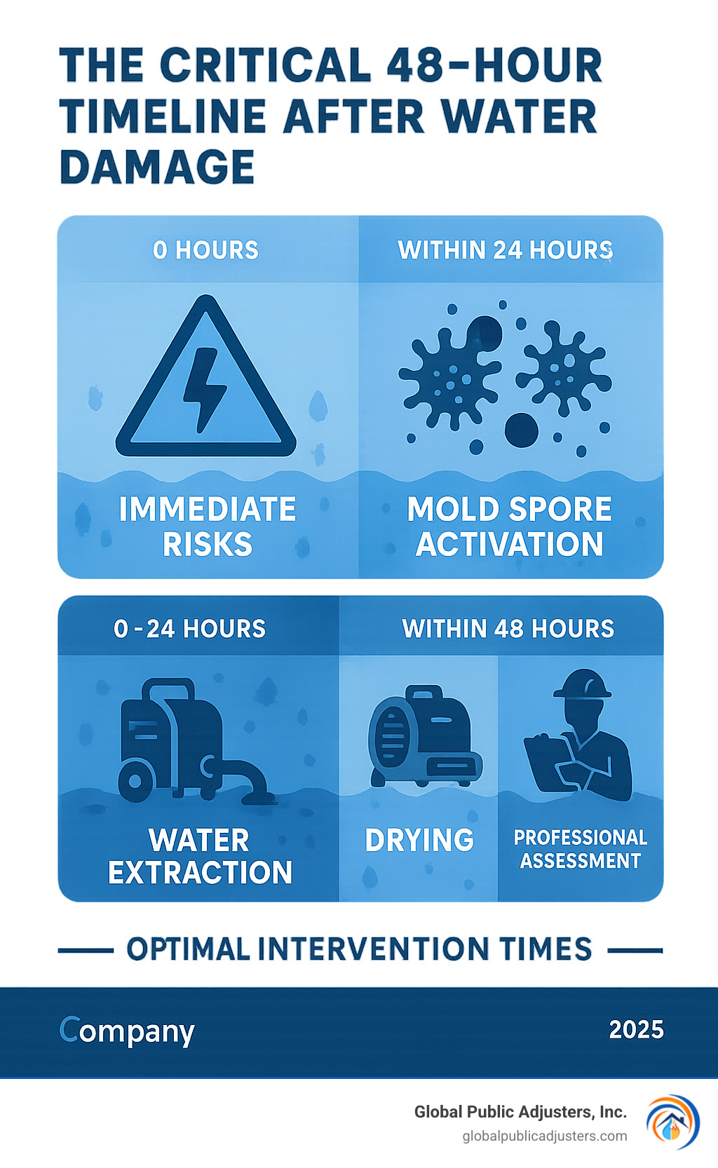 Infographic showing the critical 48-hour timeline after water damage, including immediate risks like electrical hazards, mold spore activation within 24 hours, structural damage progression, and the optimal intervention windows for water extraction, drying, and professional assessment - water damage contractor infographic 