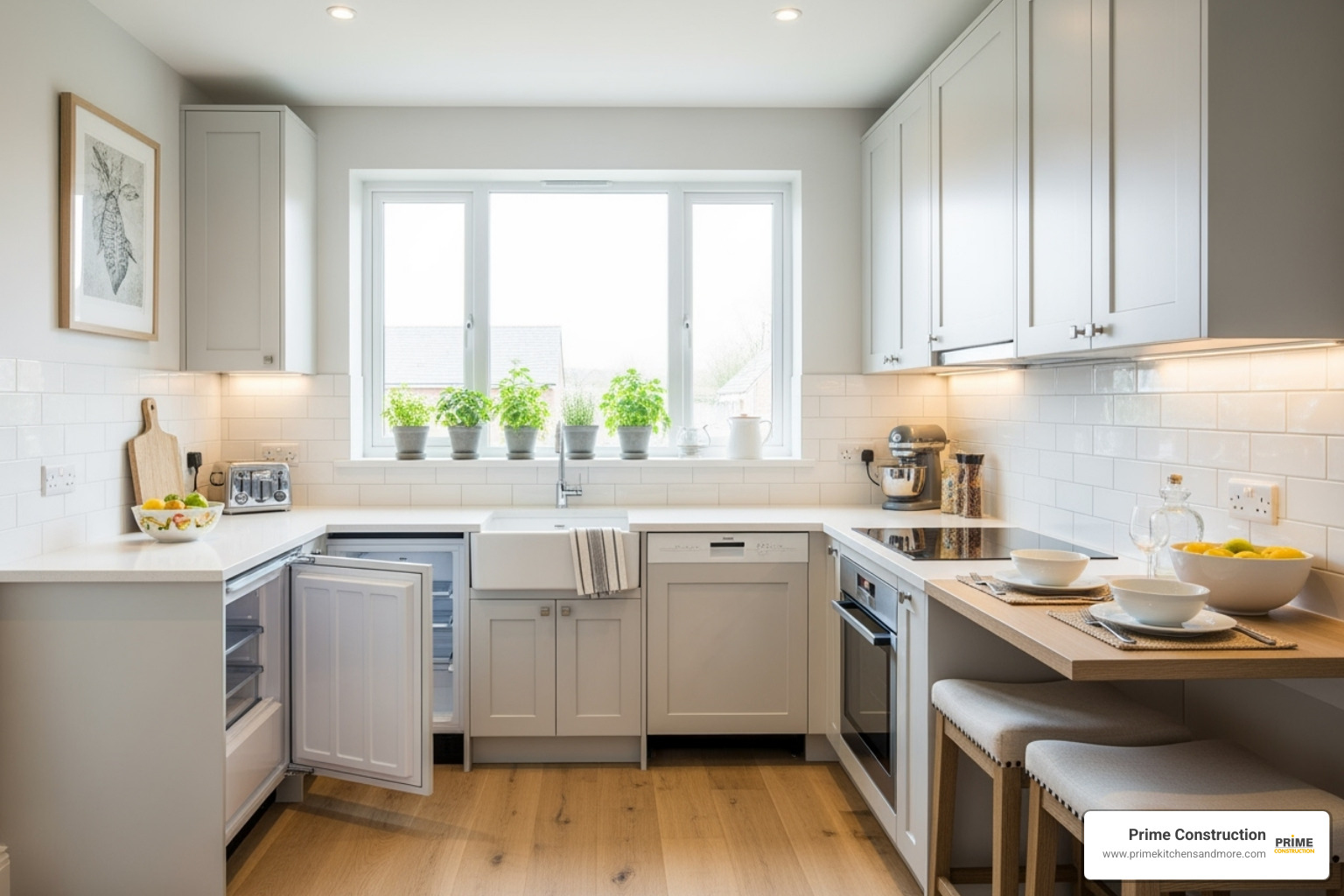 small kitchen with compact, panel-ready appliances and excellent lighting - kitchen design for small space