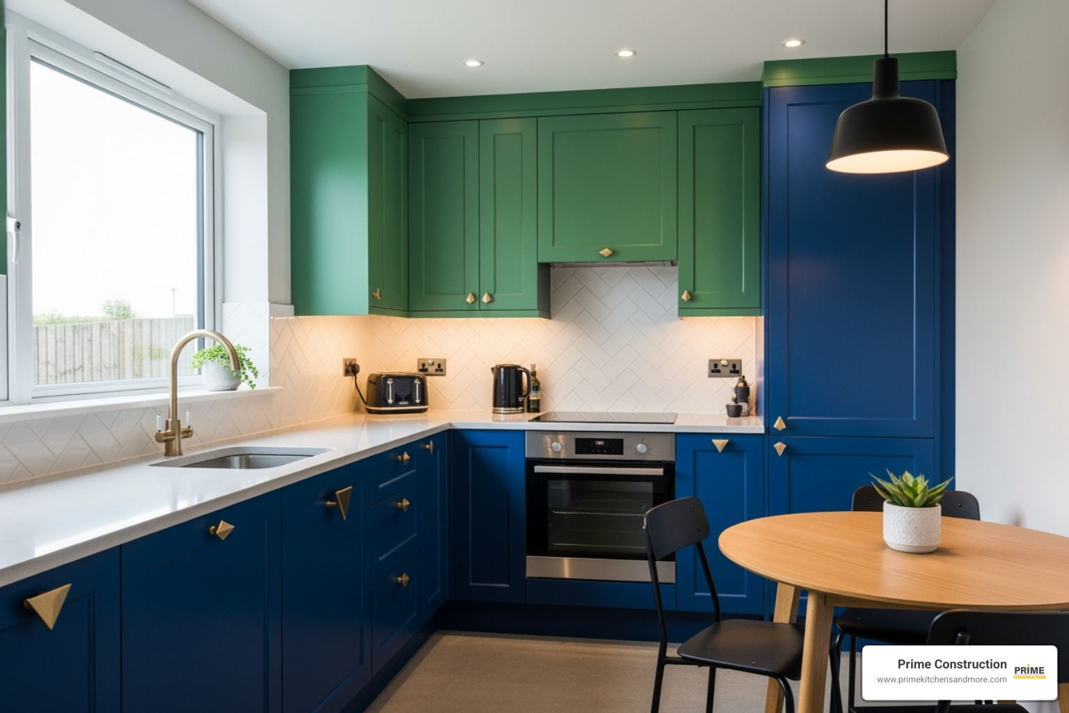 small kitchen with bold color on cabinets and unique hardware - kitchen design for small space