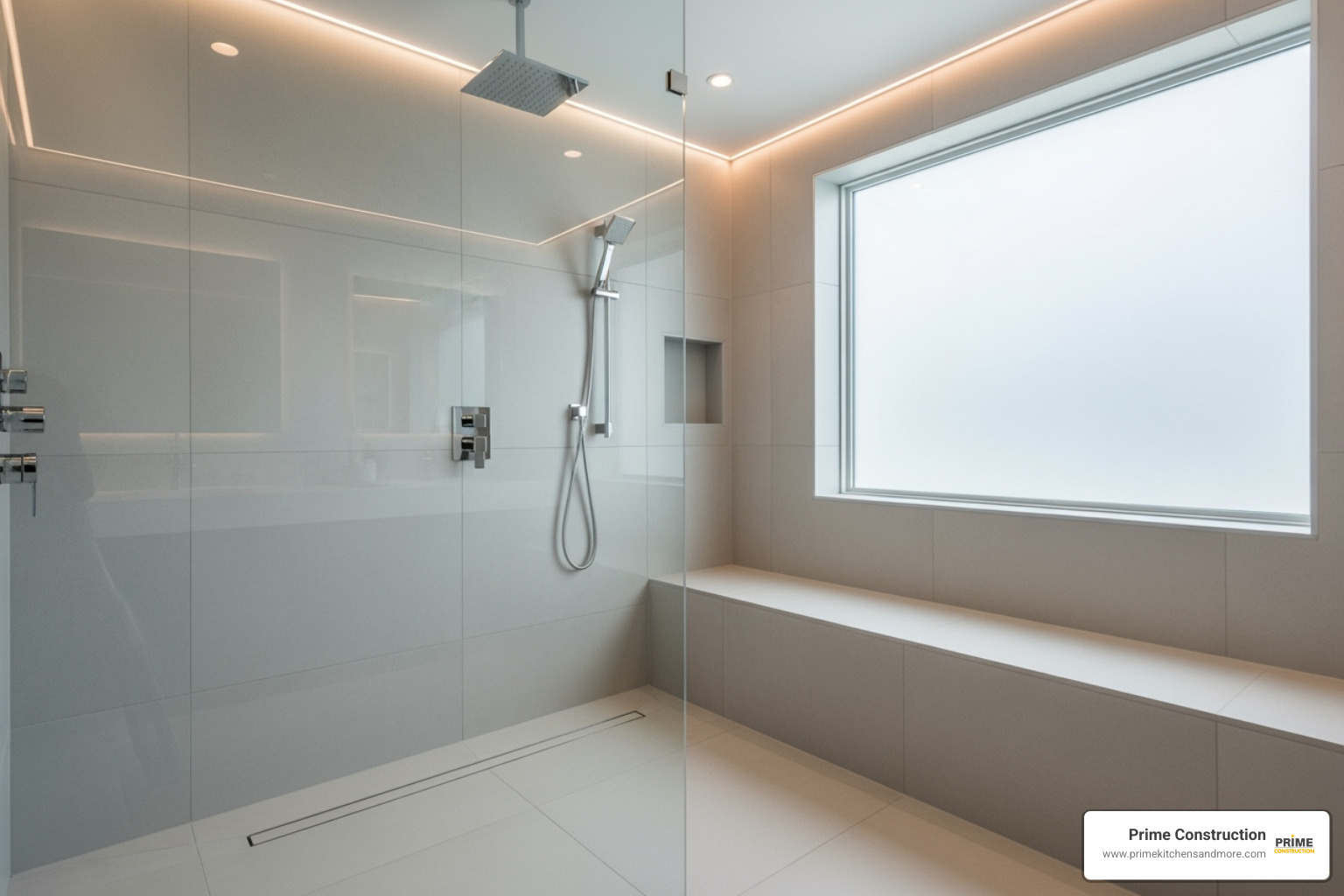 seamless, curbless walk-in shower with a built-in bench - bath remodel for seniors