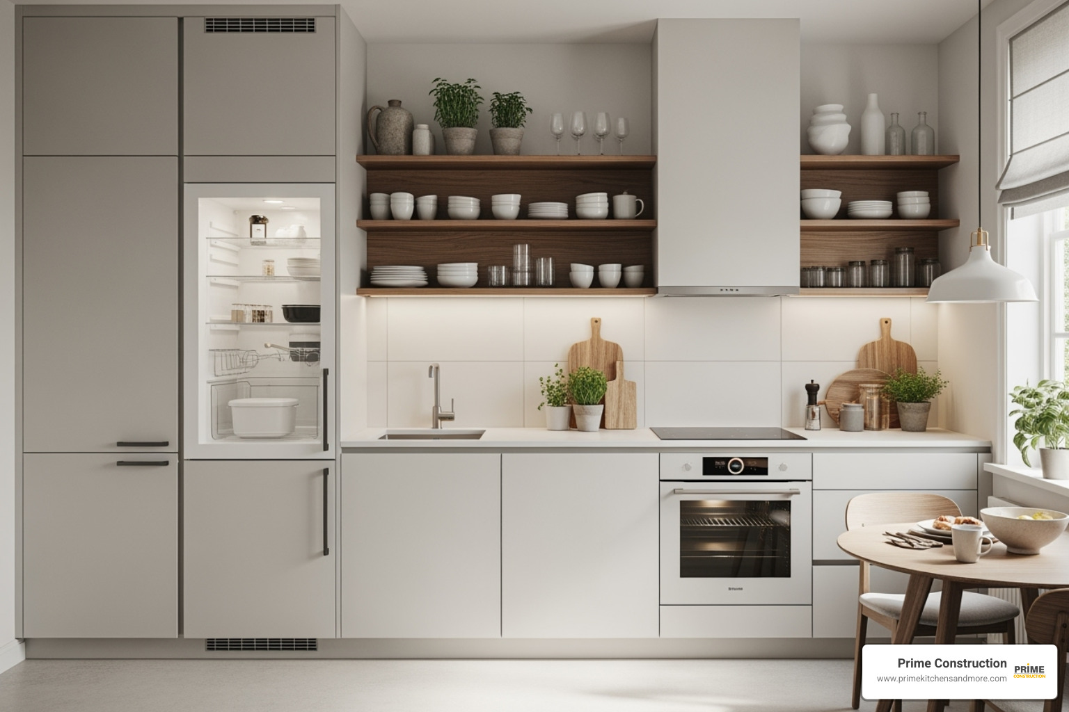 kitchen with ceiling-height cabinets and open shelving - kitchen design for small space