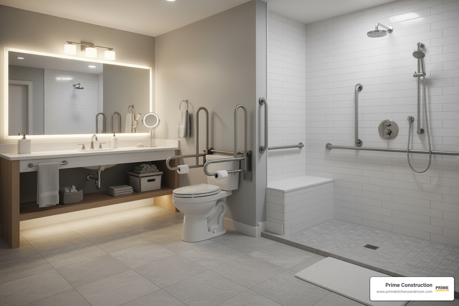 well-lit bathroom with non-slip tile flooring - bath remodel for seniors