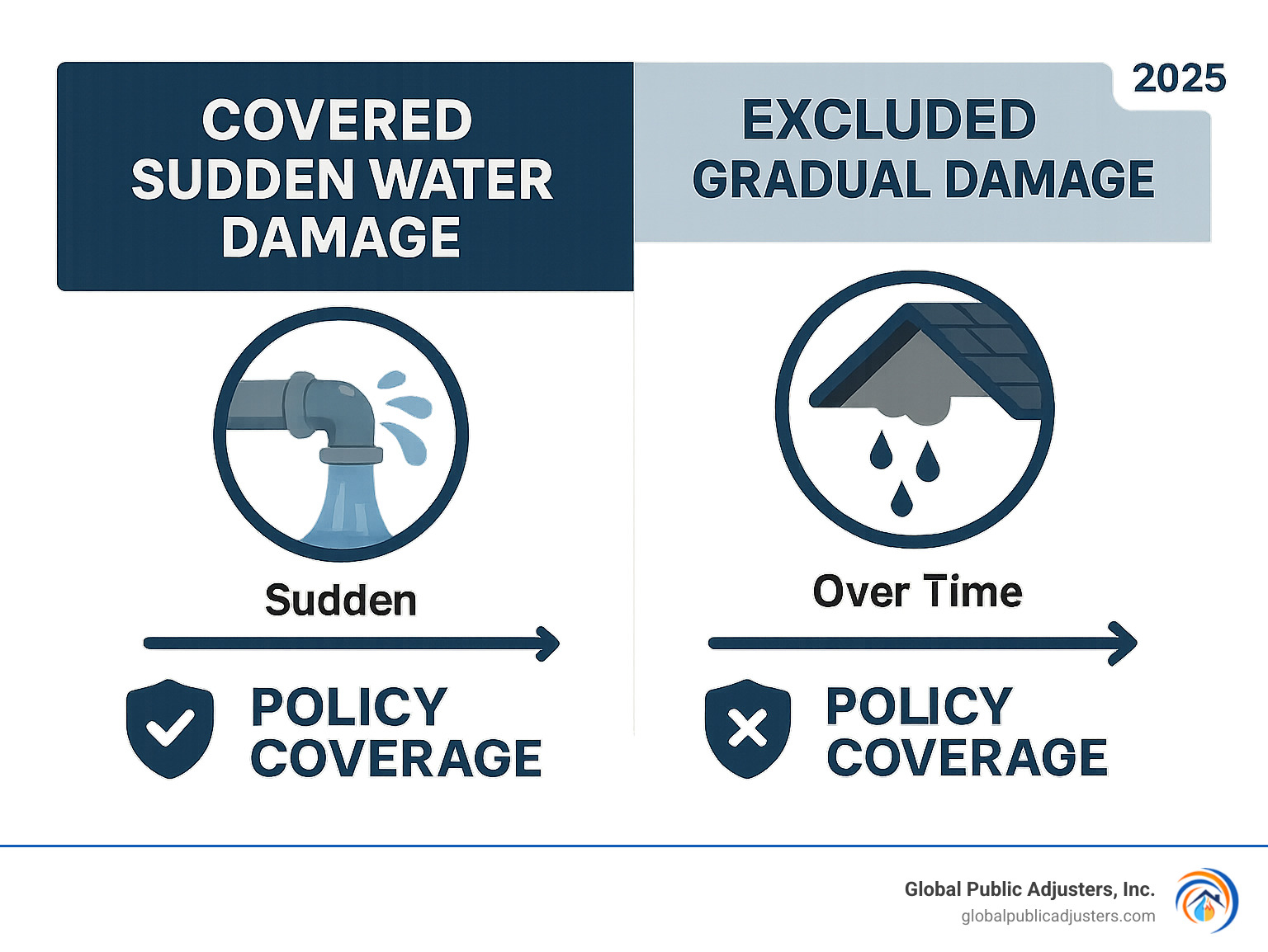 Infographic showing the difference between covered sudden water damage from a burst pipe versus excluded gradual damage from a slow roof leak, with timeline illustrations and policy coverage indicators - insurance claim for old mold damage infographic 
