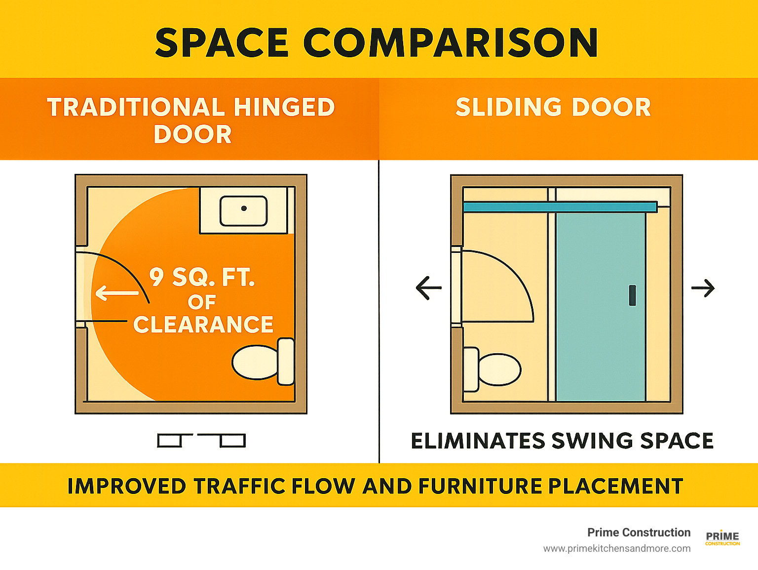 Infographic showing space comparison between traditional hinged bathroom door requiring 9 square feet of clearance versus sliding door that eliminates swing space, with measurements and floor plan views demonstrating improved traffic flow and furniture placement options - sliding door bathroom ideas infographic 