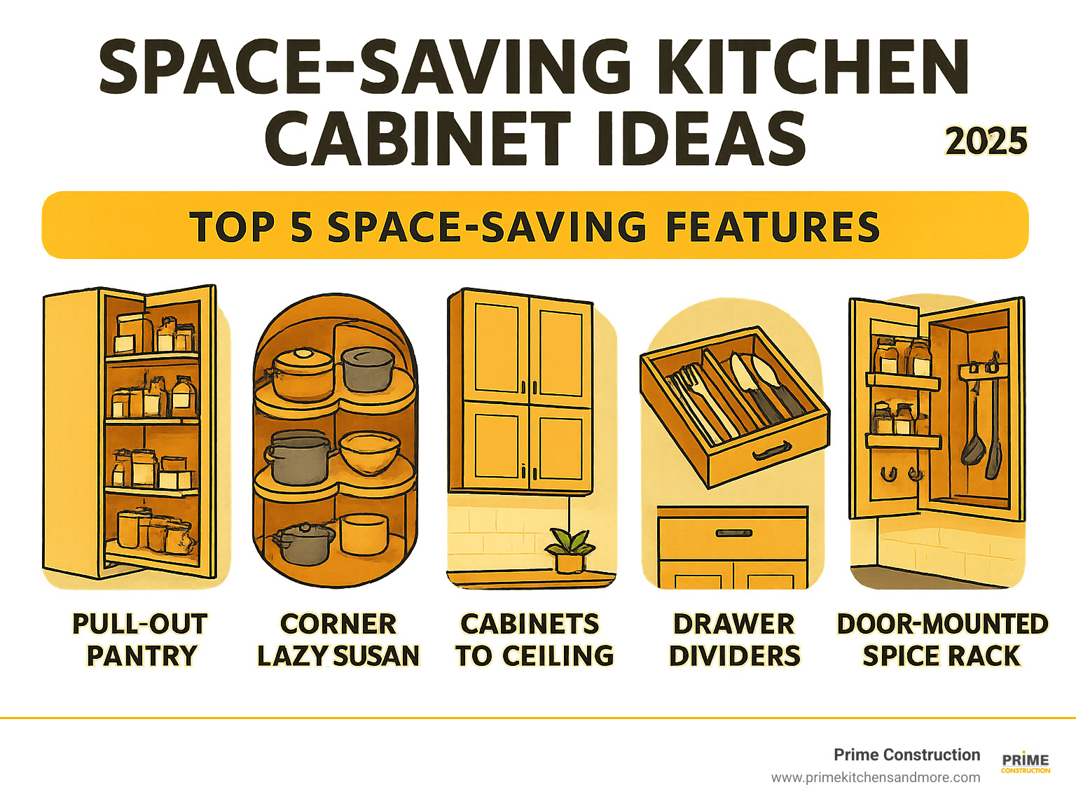 Comprehensive infographic showing the top 5 space-saving cabinet features including custom pull-out pantries with multiple shelves, corner lazy Susan mechanisms, vertical storage extending to ceiling, drawer divider systems for utensils, and cabinet door-mounted spice racks with hooks - Space-saving kitchen cabinet ideas infographic 