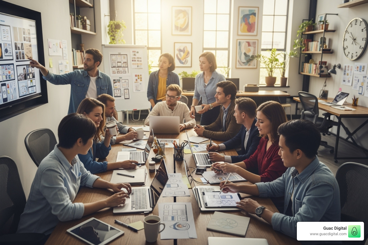 A diverse team of designers collaborating in a modern office - brand designer