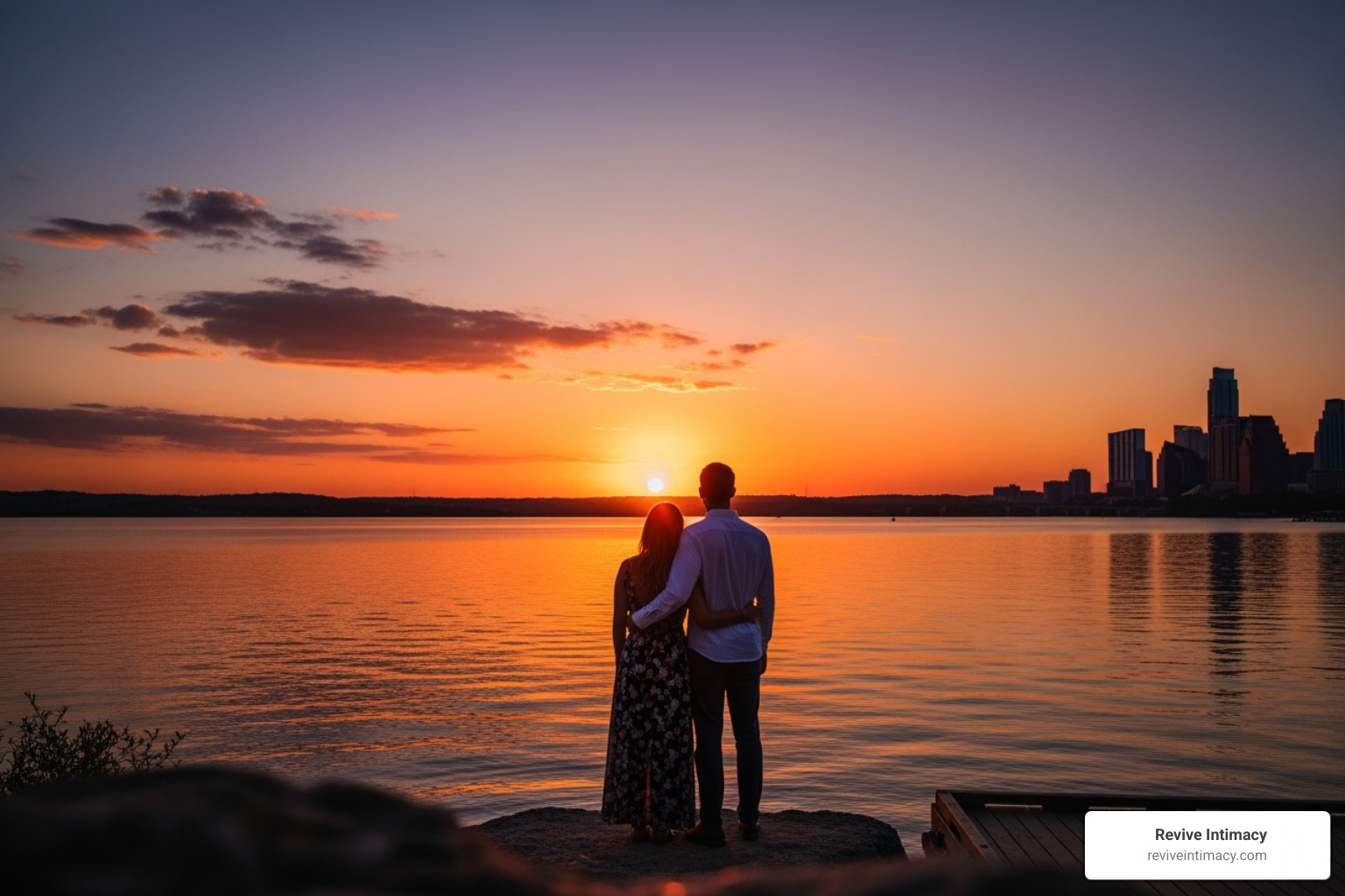 Serene sunset over Lake Austin, with a couple in the foreground enjoying the view - Austin couples retreat